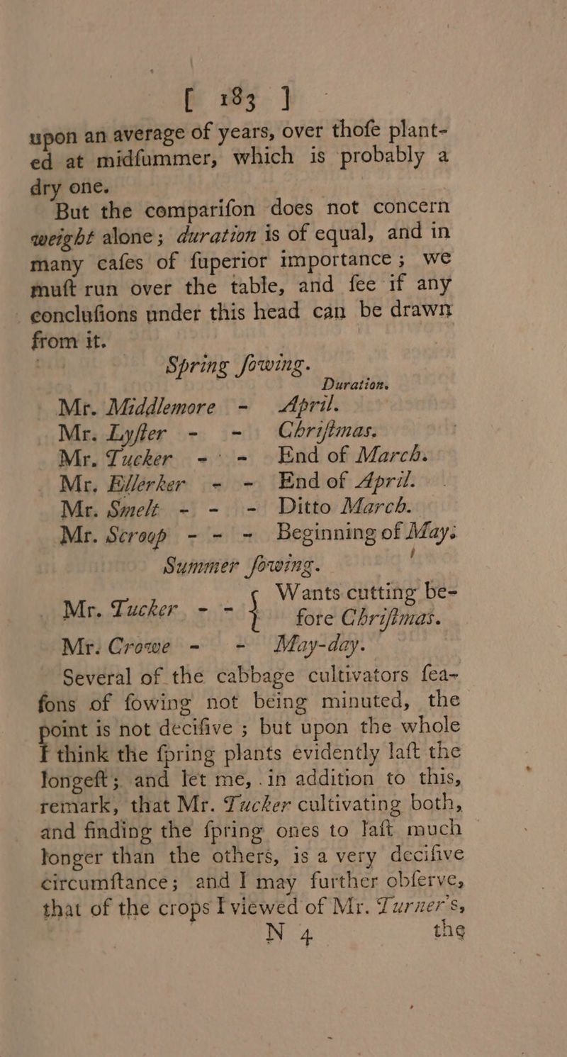 fb my] upon an average of years, over thofe plant- ed at midfummer, which is probably a dry one. iPad But the comparifon does not concern weight alone; duration is of equal, and in many cafes of fuperior importance ; we muft run over the table, and fee if any conclufions under this head can be drawn from it. | Spring Jowing. s uration. Mr. Middlemore - April. Mr. Lyffer - - GChrifimas. Mr. Zucker -° - End of March. Mr. Bllerker = - End of April. Mr. Smelt - - - Ditto March. Mr. Seroop - - - Beginning of May. Summer fowing. Wants cutting be- WMnn checker. x07 } fore Chrifimas. Mr. Crowe - - May-day. Several of the cabbage cultivators fea~ fons of fowing not being minuted, the oint is not decifive ; but upon the whole think the {pring plants evidently laft the Jongeft;, and let me, .in addition to this, remark, that Mr. Tucker cultivating both, and finding the {pring ones to Taft much | fonger than the others, is a very decifive circumftance; and I may further obferve, that of the crops I viewed of Mr. Tur iter S,