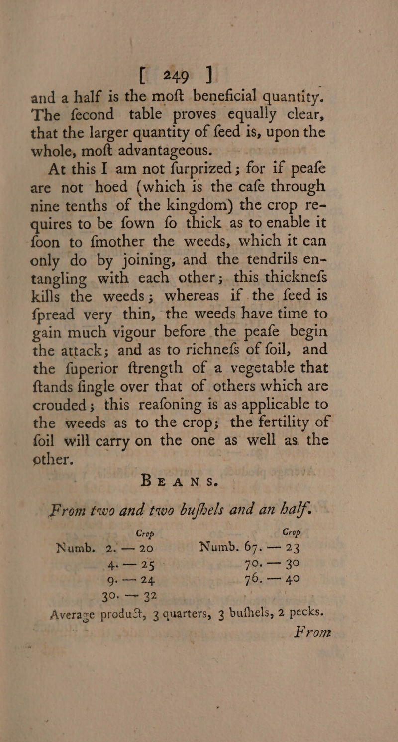 and a half is the moft beneficial quantity. The fecond table proves equally clear, that the larger quantity of feed is, upon the whole, moft advantageous. At this I am not furprized ; for if peafe are not hoed (which is the cafe through nine tenths of the kingdom) the crop re- quires to be fown {fo thick as to enable it foon to {mother the weeds, which it can only do by joining, and the tendrils en- tangling with each other; this thicknefs kills the weeds; whereas if the feed is {fpread very thin, the weeds have time to gain much vigour before the peafe begin the attack; and as to richnefs of foil, and the fuperior ftrength of a vegetable that ftands fingle over that of others which are crouded; this reafoning is as applicable to the weeds as to the crop; the fertility of foil will carry on the one as well as the other. | BEANS. From two and two bufhels and an half. Crop Crop Numb. 2. — 20 Numb. 67. — 23 4. — 25 70. — 30 Q: — 24 76. -—- 40 30. —~ 32 , | Average product, 3 quarters, 3 bufhels, 2 pecks. he From