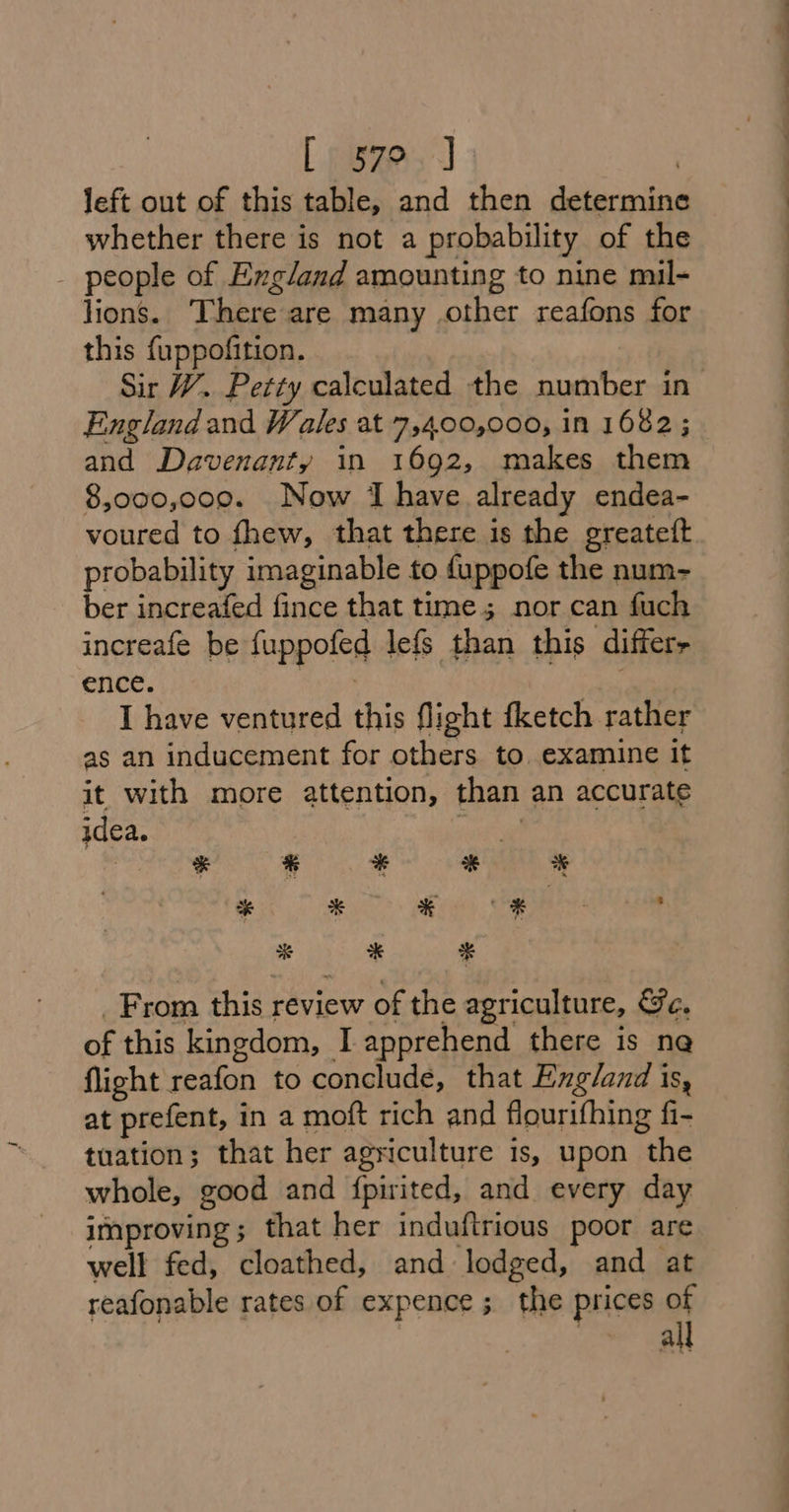 [ 579 ] : left out of this table, and then determine whether there is not a probability of the _ people of Exgland amounting to nine muil- lions. There are many other reafons for this fuppofition. Sir W. Petty calculated the number in England and Wales at 7,400,000, in 1682; and Davenanty in 1692, makes them 8,000,009. Now J have already endea- voured to fhew, that there is the greateft probability imaginable to fuppofe the num- ber increafed fince that time; nor can fuch increafe be fuppofed lefs than this differy ence. | I have ventured this flight fketch rather as an inducement for others to examine it it with more attention, than an accurate idea. dan | Fa ee % * Ries Se ' % x * _From this review of the agriculture, &amp;e, of this kingdom, I apprehend there is ne flight reafon to conclude, that England is, at prefent, in a moft rich and flourifhing fi- tuation; that her agriculture is, upon the whole, good and {pirited, and every day improving; that her induftrious poor are well fed, cloathed, and lodged, and at reafonable rates of expence ; the prices of all