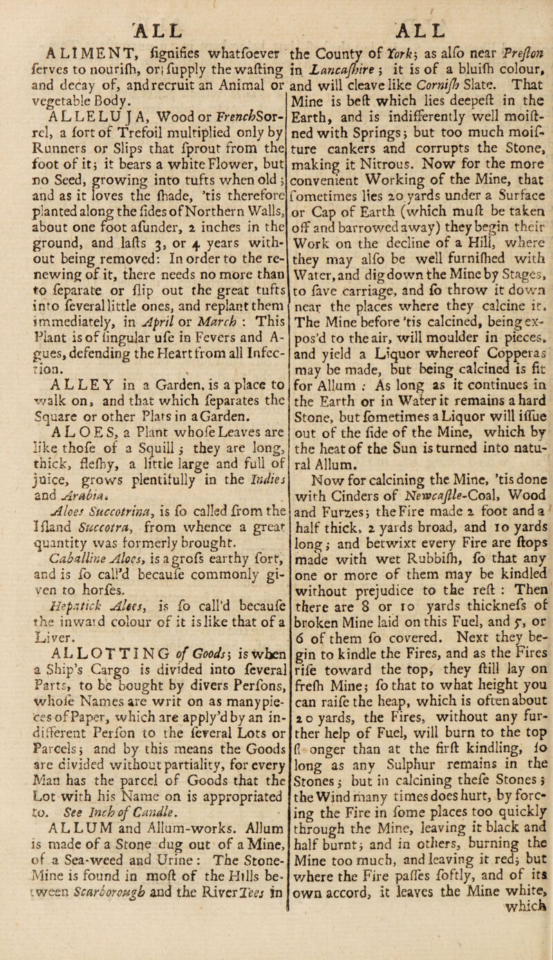 ALIMENT, fignifies whatfoever ferves to nourifh, orifupply the wafting and decay of, and recruit an Animal or vegetable Body. ALLELUJA, Wood or FrenchS or- rel, a fort of Trefoil multiplied only by Runners or Slips that fprout from the foot of it 5 it bears a white Flower, but no Seed, growing into tufts when old ; and as it loves the fhade, ’tis therefore planted along the fides of Northern Walls, about one foot afunder, i inches in the ground, and lafts 3, or 4 years with¬ out being removed: In order to the re¬ newing of it, there needs no more than to feparate or flip out the great tufts into feverallittle ones, and replant them immediately, in April or March : This Plant is of lingular ufe in Fevers and A- gues, defending the Heart from all Infec¬ tion. ALLEY in a Garden, is a place to walk on, and that which feparates the Square or other Plats in aGarden. ALOES, a Plant whofe Leaves are like thofe of a Squill ; they are long, thick, fielby, a little large and full of juice, grows plentifully in the Indies and Arabia* Aloes Succotrma, is fo called from the Ifland Sue cot ret, from whence a great quantity was formerly brought. Caballing Aloes, isagrofs earthy fort, and is fo call'd becauie commonly gi¬ ven to horfes. llepatick Alecs, is fo call’d becaufe the inward colour of it is like that of a Liver. ALLOTTING of Goods', iswhen a Ship’s Cargo is divided into feveral Parts, to be bought by divers Perfons, whole Names are writ on as many pie* ces of Paper, which are apply’d by an in¬ different Perlbn to the feveral Lots or Parcels; and by this means the Goods are divided without partiality, for every Man has the parcel of Goods that the Lot with his Name on is appropriated to. See Inch of Candle. ALLUM and Allum-works. Allum is made of a Stone dug out of a Mine, of.a Sea-weed and Urine: The Stone- Mine is found in moft of the Hills be¬ tween Scarborough and the River Tees in the County of Fork-, as alfo near Preflon in Lancafhire ; it is of a bluifh colour, and will cleave like Cornijh Slate. That Mine is beft which lies deepeft in the Earth, and is indifferently well moift- ned with Springs; but too much moif- ture cankers and corrupts the Stone, making it Nitrous. Now for the more convenient Working of the Mine, that fometimes lies 20 yards under a Surface or Cap of Earth (which muft be taken off and harrowed away) they begin their Work on the decline of a Hill, where they may alfo be well furnifhed with Water, and dig down the Mine by Stages, to fave carriage, and fb throw it down near the places where they calcine it. The Mine before’tis calcined, being ex¬ pos’d to the air, will moulder in pieces, and yield a Liquor whereof Copperas may be made, but being calcined is fit for Allum ; As long as it continues in the Earth or in Water it remains a hard Stone, but fometimes a Liquor will iflue out of the fide of the Mine, which by the heat of the Sun is turned into natu¬ ral Allum. Now for calcining the Mine, ’tis done with Cinders of Newcajlle-Cozl, Wood and Furzes; the Fire made 1 foot and a half thick, z yards broad, and 10 yards long; and betwixt every Fire are flops made with wet Rubbilh, fb that any one or more of them may be kindled without prejudice to the reft : Then there are 8 or 10 yards thicknefs of broken Mine laid on this Fuel, and y, or 6 of them fo covered. Next they be¬ gin to kindle the Fires, and as the Fires rife toward the top, they ftill lay on frefh Mine; fothat to what height you can raife the heap, which is often about z c yards, the Fires, without any fur¬ ther help of Fuel, will burn to the top (1 onger than at the firft kindling, fo long as any Sulphur remains in the Stones; but in calcining thefe Stones; the Wind many times does hurt, by forc¬ ing the Fire in fome places too quickly through the Mine, leaving it black and half burnt; and in others, burning the Mine too much, and leaving it red; but where the Fire paffes foftly, and of its own accord, it leaves the Mine white, which
