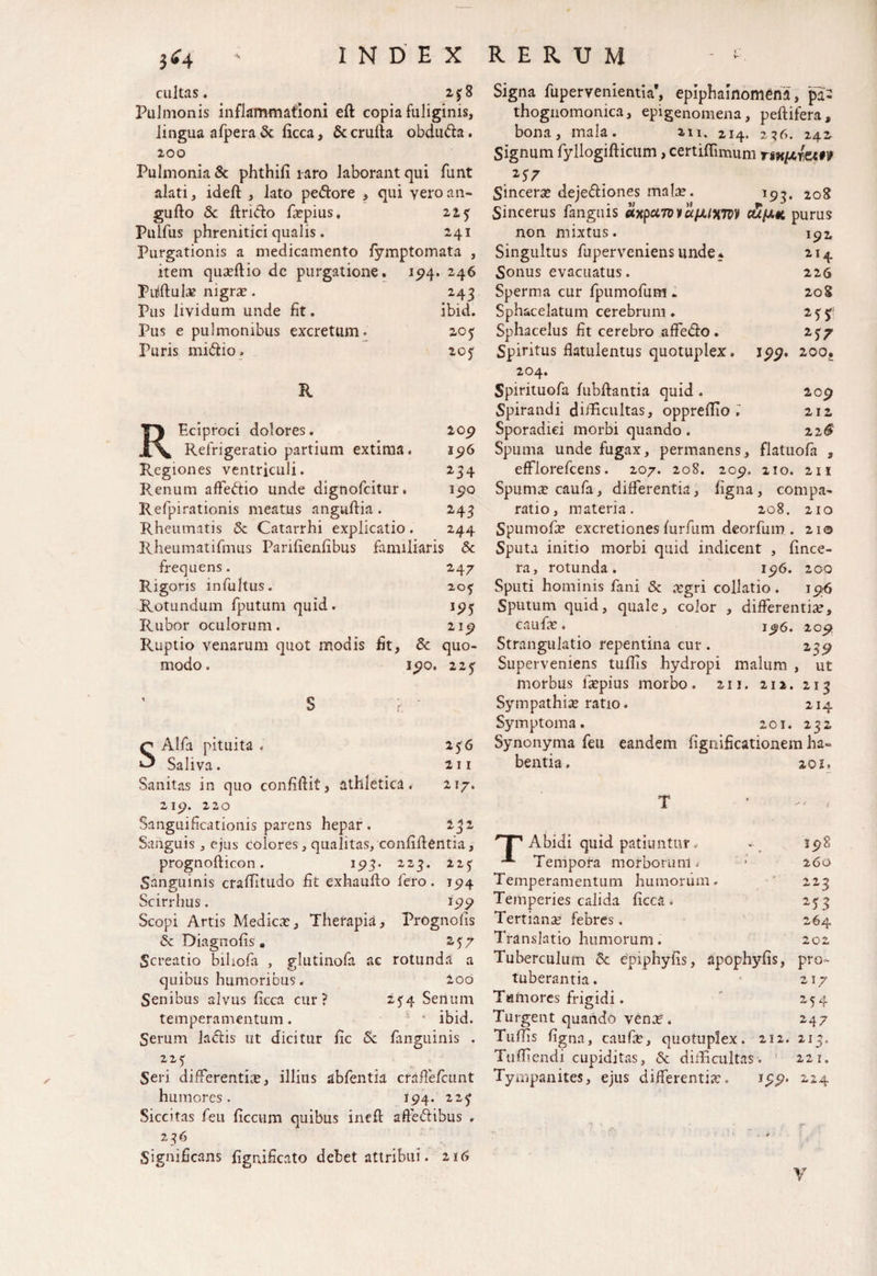 cultas. 2*8 Pulmonis inflammationi eft copia fuliginis, lingua afpera & ficca, Se crufta obdufta. 200 PulmoniaSc phthifi laro laborant qui funt alati, ideft , lato pedore , qui vero an- gudo 8c driblo Pepius, 22* Pulfus phrenitici qualis. 241 Purgationis a medicamento fymptomata , item quseftio de purgatione. 194. 246 Pulftulae nigras. 243 Pus lividum unde fit. ibid. Pus e pulmonibus excretum. 20* Puris midio. 20* K RPciproci dolores. 209 Refrigeratio partium extima. 1516 Regiones ventriculi. 234 Renum affedio unde dignofcitur. 190 Refpirationis meatus anguftia . 243 Rheumatis 5c Catarrhi explicatio. 244 Rheumatifmus Parifienfibus familiaris Sc frequens. 247 FAgoris infultus. 20* Rotundum fputum quid. 19* Rubor oculorum. 219 Ruptio venarum quot modis fit, Se quo¬ modo. 190. 22* SAlfa pituita . 2*6 Saliva. 211 Sanitas in quo confidit, athletica. 217. 219. 220 Sanguificationis parens hepar. 232 Sanguis , ejus colores, qualitas, confidentia, prognodicon. 193. 223. 22* Sanguinis craflitudo fit exhaudo fero. 194 Scirrhus. 199 Scopi Artis Medicae, Therapia, Prognofis Se Diagnofis • 2*7 Screatio bihofa , glutinofa ae rotunda a quibus humoribus. 2oo Senibus alvus ficca cur ? 254 Senum temperamentum. ' ibid. Serum laciis ut dicitur fic Se fanguinis . 22* Seri differentia, illius abfentia cradefcunt humores. 194. 22* Siccitas feu ficcuni quibus ined afteSltbus . 236 Significans fignificato debet attribui. 216 Signa fupervenientia*, epiphainomeni > pa- thognomonica, epigenomena, peftifera, bona, mala. 211. 214. 236. 242 Signum fyllogidiciim, certiflimum rsa/Arem . z'>7 Sincera? dejediones malae. 193. 208 Sincerus fanguis axpuw 9 afJLWiw cuuk purus non mixtus. 192 Singultus fuperveniens unde* 214 Sonus evacuatus. 226 Sperma cur fpumofum . 208 Sphacelatum cerebrum . 25 f Sphacelus fit cerebro affedo . 2*7 Spiritus datulentus quotuplex. 199. 200.. 204. Spirituofa fubdantia quid . 209 Spirandi difficultas, oppreffio 212 Sporadiei morbi quando. 22^ Spuma unde fugax, permanens, flatuofa , efflorefcens. 207. 208. 209. 210. 211 Spumae caufa, differentia, figna, compa¬ ratio, materia. 208. 210 Spumofae excretiones furfum deorfum . 210 Sputa initio morbi quid indicent , (ince¬ ra, rotunda. 196. 200 Sputi hominis fani & a?gri collatio . 19-6 Sputum quid, quale, color , differentiae, cauda?. 196. 209 Strangulatio repentina cur. 2,39 Superveniens tuffis hydropi malum , ut morbus fiepius morbo. 211. 212. 213 Sympathiae ratio. 214 Symptoma. 201. 232 Synonyma feu eandem fignificationem ha¬ bentia. 20 x. 598 260 223 2*3 264 202 HT Abidi quid patiuntur. Tempora morborum Temperamentum humorum. Temperies calida ficca. Tertiana; febres. Translatio humorum. Tuberculum Se epiphyfis, apophyfis, pro¬ tuberantia. 217 Twmores frigidi. 254 Turgent quando ven^. 247 Tuffis figna, caufa?, quotuplex. 212. 213. Tudlendi cupiditas, Se difficultas. 221, Tympanites, ejus differentia?. 199. 224 V