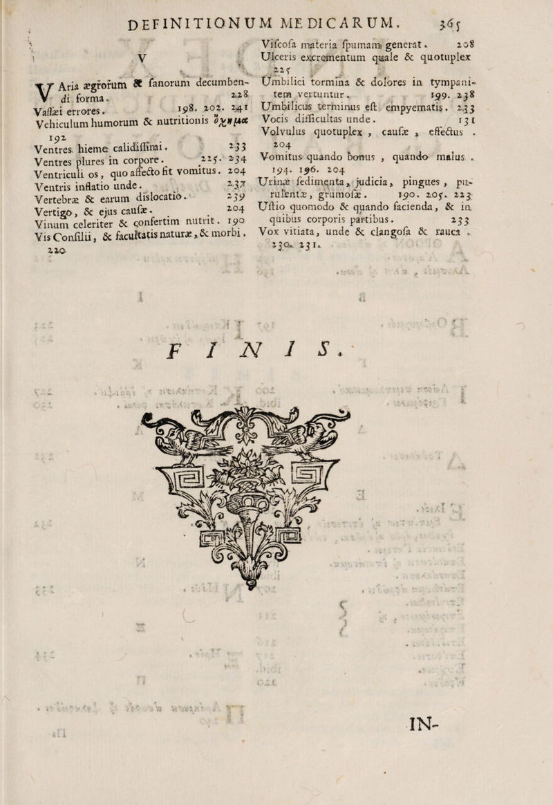 i V ' \ > A ’•* T* * VAria agrorum « fanorum decumben¬ di forma.. 22,8 Vaffei errores. U8* 202, ^4T Vehiculum humorum & nutntioms o^(M 192 . » . l Ventres, hieme calidiflihai. 233 Ventres plures in corpore.^ .2U* 234 Ventriculi os, quo affe&o fit vomitus. 204 Ventris inflatio unde. 2 37 Vertebra & earum dislocatio.. 279 Vertigo, & ejus caufe. _ . 204 Vinum celeriter Sc confertim nutnt. 19Q Vis Confilii, & facultatis naturae, & morbi. 220. Vifcofa materia fpumam generat. 208 Ulceris excrementum qia&le & quotuplex 11 * . Umbilici tormina & dolores in tympani¬ tem vertuntur. 159. 238 Umbilicus terminus eft empyematis. 2,33 Vocis difficultas unde . 131 Volvulus quotuplex , caufe , effe&us . 204 Vomitus quando bonus , quando malus . 194. 196. 204 Urinae fedimenta, judicia, pingues, pu¬ rulentis, grumofie. 190. 205'. 223 Uftio quomodo & quando facienda, $c ia quibus corporis partibus. 233 Vox vitiata, unde & clangofa 8c rauca ... 230.. 231-