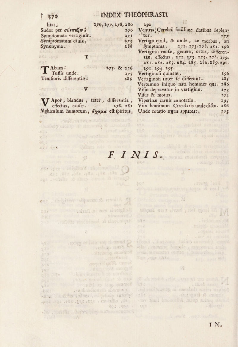 r INDEX THEOPHRASTI litas. 276.277, 27$, 280 Sudor per eruPTtjfyp 2 276 Symptomata vertiginis* 271 .Symptomatum caufa* * 27 f Synonyma. 288 T TAbum ; z/f' 5c 276 Tuffis unde. 275 Temfloris differentia:. 286 V VApor , blandus , teter , differentia , effe&us, caufae. 278. 281 .Vehiculum humorum, Sx^t*** eftfpiritu». 192 Ventris* Cerebri facillime flatibus replent tur. 277 Vertigo quid, 5c unde , an morbus , an fymptoma . 272. 273.278. 281. 296 Vertiginis caufae, genera, ortus, differen¬ tia:, effe&us . 272. 273. 273. 278. 2/2* 281. 282. 283, 284. 28J. 286*3,89.290, 291. 25)4. 29f. Vertiginofi quinam ♦ 2^6 Vertiginofi inter fe differunt. 283 Vertumno iniquo nati homines qui. 286 Vifio depravatur in vertigine. 273 Vifus & motus. 274 Viperinae carnis annotatio . 29$ Vita hominum Circularis unde dida . 286 Unde rotatio aegris appareat, 273 F INIS. T N.