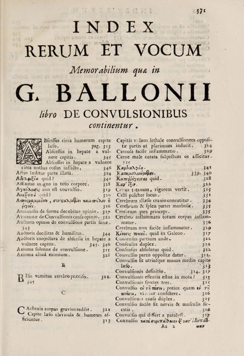 t < , RERUM Memorabilium qu<z in G. BALLONII lihro DE CONVULSIONIBUS continentur. Bfceflus circa humerum capite lxio. pag. 313 Abfceflus in hepate a yul- nere capitis. 34? Abfceflus in hepate a vulnere circa nothas cofias inflido, 346 A dio J.editur parte ilhefa. 3Z4 quid? 341 Affinitas m^gna in toto corpore. 328 Aywj\p&i$ non eft couvulfio. 319 AvuVdtto quid? 320 A^ar:^cixijcu.iii0'i , cruy-saXtc&by nctuii&vXo)) ri piyvbv. 316 Amtotdis de forma decubitus opinio. 317 Avicennce de Convulfionis caufa opinio. 321 Audoris opimo de convuHione partis fame , 343 . AuCtoris docilitas &: humilitas. 344 Audtoris conjedura de abfceiTu in hepate a vulnere capitis. 54U 346 Axioma folenne de convulfione . 31? Axioma aliud eximium. 32.8 B T) Ilis vomitus cerebroprxcifo-,, 32Z. ^ 345 C Achexia corpus gravius reddit. 321 Capite laefo clavicula 6c humerus; af¬ ficiuntur . 313 Capitis vulnus lethale convulfionem oppofi- ta? partis ut plurimum inducit. 314 Carnofa facile inflammatio. Sz9 Carne male curata fubjedum os afficitur* . 33f K«p 5tot\ytct' 345 KcL7Kf*o\vvb(AJ}tyv* 332* 34° 'KwnxppYiyyvTcu quid. 32S Kia?’ Hfyv. - d2,2, Ceifus tetanum, rigorem vertit. 31? Celfi pulcher locus. 331 Cerebrum illaefo cranioconcutitur . 334 Cerebrum & fplen partes morbofae. 33? Cerebrum pars princeps. 33? Cerebro inflammato totum corpus inflam¬ matur. 336 Cerebrum non facile inflammatur. 32^ TOVotili quid ex Galeno. 317 Confenfus partium unde* 322, Confenfus duplex. 32Z Confenfus abfolutus quid. 322, Couvulfio partis oppofita* datur. 312. Convulfio fit utriufque manus media capite laefo. 31 $ Convulfionis definitio. 314. 317 Convulfionis efflentia eflne in motu? 315* Convulfionis fpecies tres. 314 Convulfio cf rv)7rc<r« , potius quam tf r») xwnra, vi i., cur confidere. 316 Convulfionis caufa duplex. 315* Convulfio facile fit nervis St mufculis fic- catis . 316 Convulfio qui differt a paralyfi. 317 Convulfio natet auptird$uct\ <q 71&T iSi07tU0-