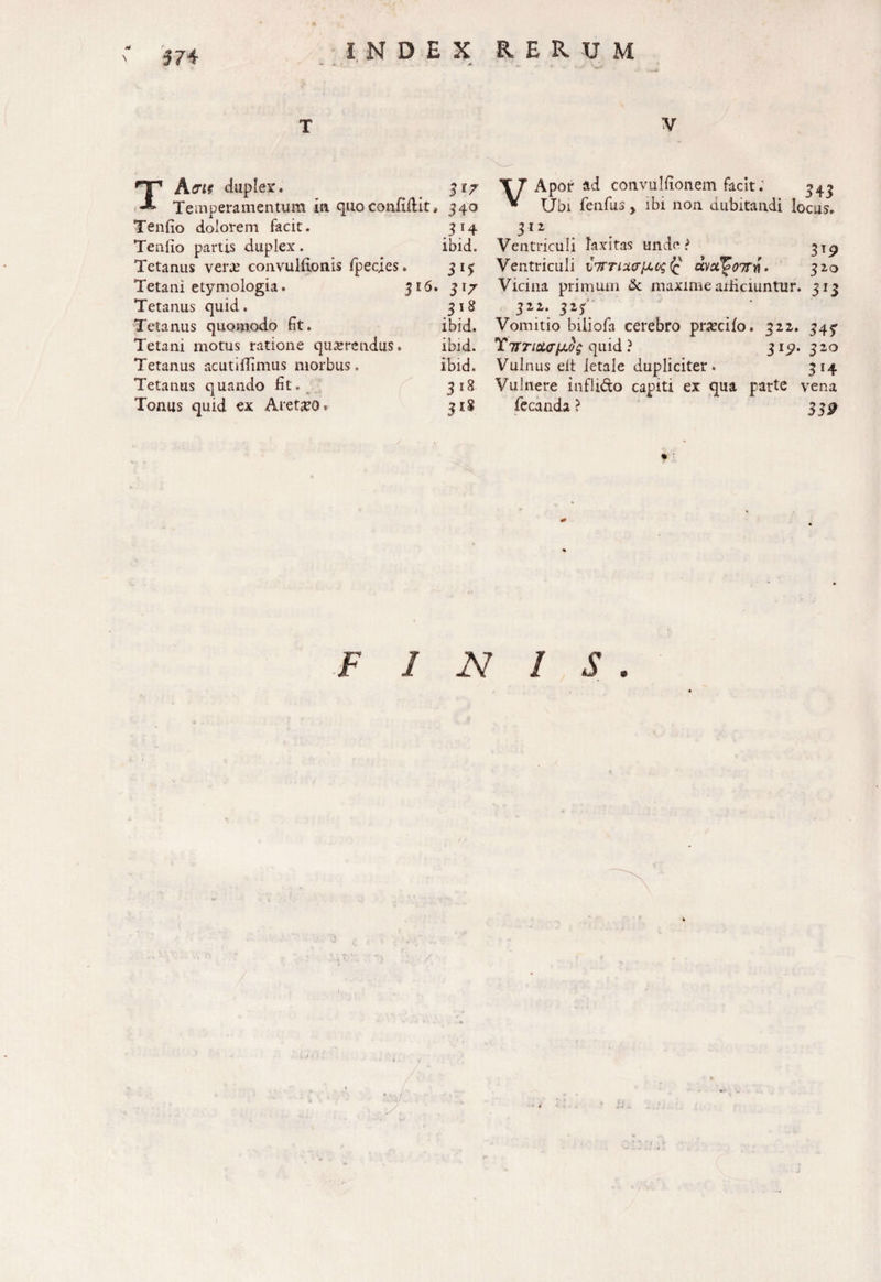 T TAertt duplex. _ 317 Temperamentum in quo confidit, 340 Tenfio dolorem facit. 314 Tenfio partis duplex . ibid. Tetanus vera; convulfionis fpecies. 315 Tetani etymologia. 316. 317 Tetanus quid. 318 Tetanus quomodo fit. ibid. Tetani motus ratione querendus. ibid. Tetanus acutiffimus morbus. ibid. Tetanus quando fit. 318 Tonus quid ex Aretho »■ 31$ v VApor ad convulfionem facit; 343 Ubi fenfus y ibi non dubitandi locus. 312 Ventriculi laxitas unde? $19 Ventriculi L7uvct$07rn. 32,0 Vicina primum & maxime arficiuntur. 313 322. 323 Vomitio biliofa cerebro pracilo. 322. 343 quid ? 3151. 320 Vulnus elt letale dupliciter. 314 Vulnere infli&o capiti ex qua parte vena fiecanda ? 33P FINIS