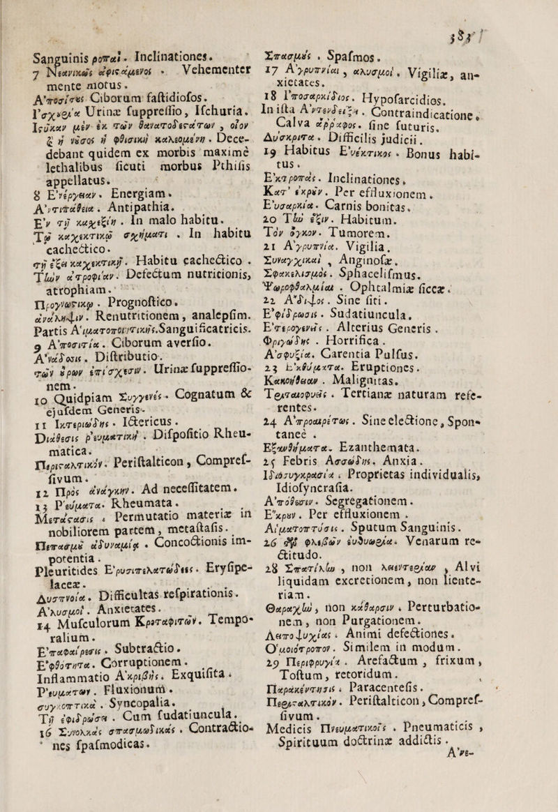 Sanguinis powA • Inclinationes. 7 ISltoivixctf ccptsocpuvoi • \ chemcntcr mente motus. AVoj-iV^ Ciborum faftidiofos. r<rx*&'* Urinie fuppreflio, Ifchuria. IsuXXV [AiV tK T&/V dotVUTofrerct TW J 010V g tj viffoi v Qfaatw MKioyt,ivv. Dece¬ debant quidem ex morbis maxime lethalibus Acuti morbus Pchihs appellatus. 8 E'vipyaxv* Energiam. A'v •mrocSux. Antipathia. £V tj/ xi• In malo habitu. T» xv.xiKTlKP ewpxn • In habitu cachectico. «t» £'£& xxxMTtxy • Habitu cacheCtico . T^V uWpo<pt’cc/. DefeCtum nutricionis, atrophiam. ' Tlpoyvormp • Prognoftico. uvxhn4tv- Renutncionem, analepfim. Partis A^oeToywvTixwf.Sanguiucatrieis. 9 AVs(ht/« . Ciborum avcrfio. AWm» . Diftributio. lPm Urinae fuppreflio- 10 Quidpiam EvyyiveV • Cognatum 6c ejufdem Generis - 11 IxTepj&j^j/t» iCtericus. . Difpofitio Rheu¬ matica. r ni/5jre«\TiXQV. Pcriftalticon> Compref- fivum. ii n/>« otvctyxitv • Ad neceuitatem. ia PW^asTrt* Rheumata. 4 Permutatio materia: m nobiliorem partem, mctauans. nwxffpi* ufvmpict . Concoctionis im¬ potentia . _ r Pleuritides TL'pv7tiri\otTG>£it< • Eryiipe- iacea: • Avnrm*. Difficultas refpirationis. AAnxietates. _ 14 Mufcuiorum Kpwxqnrcov. lempo* ralium. . E'*■*<?>*{p&k * Subtractio. EVo't#t* • Corruptionem. Inflammatio A'xpi(2va Exquifita * P\tuttxrut. Fluxionum . ffyyKGirTmu . Syncopalia. Tj/ • Cum fudatiuncuia. 16 Xwokx*< aToLcruahxoii. Contraciio- • nes fpafmodicas. %v€nr[4tfs . Spafmos. 17 A'ypuvr,'ul, turpet. Vigilia:, an- xietaces. iz rwocrapxthos. Hypofarcidios. In ji*a. A • Contraindicatione * Gaiva xppxtpof. flne futuris. Auaxpirx* Difficilis judicii. 19 Habitus E uexTixot» Bonus habi¬ tus . ExtpoWf. Inclinationes. K*t’ «V/>*V. Per effluxionem . EW*px/tf. Carnis bonitas. 20 T&tt si;»'. Habitum. ToV Zyxov. Tumorem. 21 A'ypvTTVtu, Vigilia. Tweeyxmui , Anginpfa?. XtycnitKtJiidi. Sphacelifmus. Tft»po^xhytica . Ophtalmhe ficca?. 22 A^t-4-oi. Sine fiti. E*?>/<T/c&»£Ti$. Sudatiuncula. EWipoywH{. Alterius Generis . Opiyalhi . Horrifica. AVpy£/tf. Carentia Pulfus. 25 b\$u(xxra. Eruptiones. KotKoijfacM . Malignitas. Tg/tTouo<p’jei! * Tertianue naturam refe¬ rentes. *4 AirpocapiTOd;. Sine eleCtione, Spon¬ tanee . E%w9ttpatra- Ezanthemaca. if Febris A<rau£vi> Anxia. IiioivyxpotaU 4 Proprietas individuaiis* Idiofyncrafla. A'voSwiv. Segregationem. Expuv. Per effluxionem . At^xToTTToaii. Sputum Sanguinis. 16 $$ ivbuto&ct. Venarum re¬ ctitudo. 28 XtxtIkU , non \uvmojitw s Alvi liquidam excrecionem, non liente¬ riam. ©*/3*%\w $ non xxSupait/ * Perturbatio¬ nem, non Purgationem. 4 Animi defeCtioties. O'uotor poiroit. Similem in modum. 2p TUpwpuyi* . ArefaCtum , frixum , Toftum, retoridum. TlxpxxiVTtiJis • Paracentefls. Ilggftr^TixoV. Periftalticon > Compref- fivum. Medicis TlnofixTixois . Pneumaticis , Spirituum doCtrinae addiCtis. A Ve-