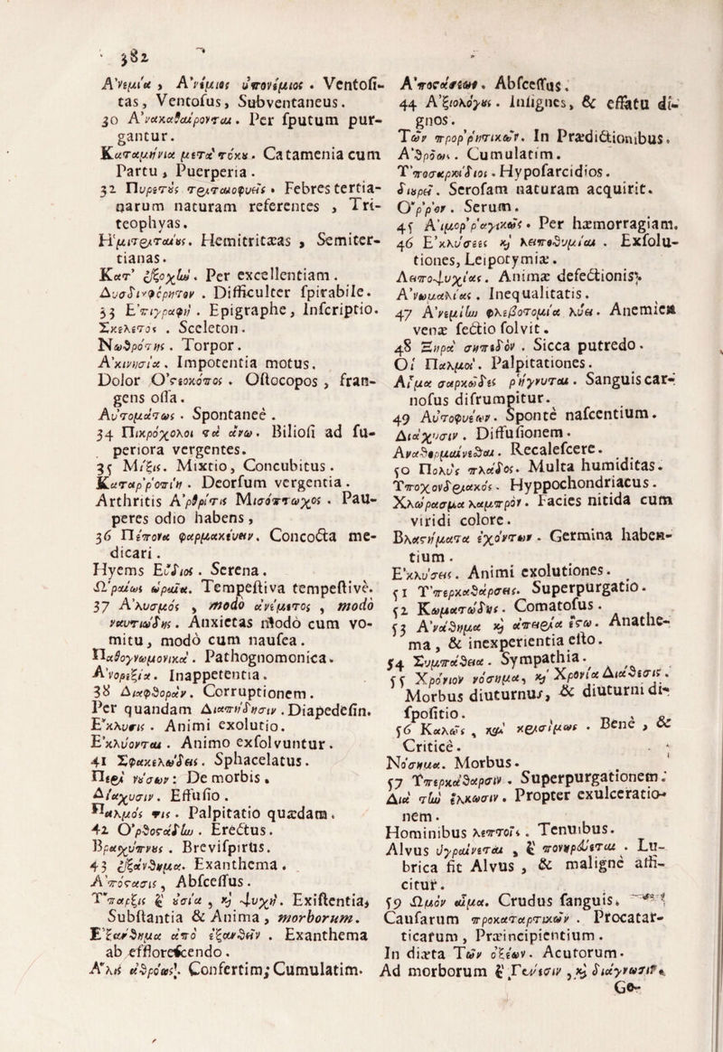 8l Alipta i A'vtfxiog uvoviptot . Ventofi- AVoroiVea*#. Abfceflus. tas, Ventofus, Subventaneus. 44 AXtokoyvi. iniignes, & effatu di- 30 A'vctxctSciupovrcu, Per fputum pur- gnos. gancur. T&Tr vpop' priTix-bv. In Pra:di£tionibu$« KctToctjLtji/iot pttToc r6x.*• Catameniacum A'Spdor>. Cumulatim. Partu , Puerperia . Tvoatpx^iot. Hypofarcidios. 32 TlvpiTts T&rcuoQuHf • Febres tertia- <T<ap«. Scrofam naturam acquirit* narum naturam referentes > Tri- OV/jW . Serum, teopliyas, 4^ A'ipcpp'erynuSt • Per harmorragiam. Hcf4iT0trcaW. Hemitritteas > Semiter- 45 E’xM/<reg« . Exfolu- tianas. tiones, Leipotymia;. Koct* ifcoyjw. Per excellentiam. ro4^xicC(t Animae defe&ionis;. Avfffivtcpnrw . Difficulter fpirabile. A'vupctxtets. Inequalitatis. 33 . Epigraphe, Infcriptio. 47 A'vi\xi\xu vxetfoTopict xuu. Anemicte XxeAsTas . Sceleton. N®3poVw. Torpor. Ax/w/A Impotentia motus. Dolor fO*rtox6vos . Oftocopos > fran¬ gens offa, AvropiuTas • Spontanee . 34 Tiixpoxoxoi vm uvu. Bilioli ad fu- periora vergentes. 3^ M/g<*. Mixtio, Concubitus. K« povin • Deorfum vergentia^. venas fedfcio folvit. 48 E#p<* awitTcv . Sicca putredo. O/ Palpitationes. At pot ffctpxM^ti pijyyuTcu. Sanguis car». nofus difrumpitur. 49 ACtwvim. Sponte nafcentium. Aiax>jcrtv . Difiufionem • AvoeStpptouvi&ou. Recalefcere. ^o rwv vxtfos- Multa humiditas. TTroxovcTg/tfxo'* - Hyppochondriacus me- Arthntis A'p9plr* M/<toVto>^oj . Pau- Xxa> petap* xxpvpor. Facies nitida cum viridi colore. B\ot?H(lavet - Germina liaben* tium. EWW. Animi exolutiones. # ji Tvtpx*$*pe*<- Superpurgatio- C2 • Comatofus. 53 AV«V *) Anathe¬ ma, & inexperientia eifo. j4 %vf47r*S««. Sympathia {{ X»W % Xftnce Ai«5t<rir. Morbus diuturnu/, & diuturni dt« fpofitio. k „ . o, x&aipw . Bene , Oc Critice. 4 NoV#w«. Morbus* C7 tvepxcidxpe» * Superpurgationem; . Propter exulceratio¬ nem. Hominibus xevroTs. Tenuibus. Alvus dypcuverau , J vovMpdjtTM • Lu¬ brica fit Alvus , & maligne affi¬ citur. f9 ilp«oV ctl/u*. Crudus fanguis» Caufarum vpoxetaapTiy.^v . Pfocatar- ticafum, PraHncipientium. In diaeta Ttiv ogs«v. Acutorum* Ad morborum Q TwiGiv ?xj G®** peres odio habens, 36 TJtvovu <puppt,ctKtuHv. Conco&a dicari. Hyems E JW. Serena. £L’pouu>i epulet. Tempeftiva tempeftive. 37 A'xvapds , /nodo ctviptiroi , modo vtanteJ^ns. Anxietas nlodo cum vo¬ mitu, modo cum naufea. n«QoyvtoptovtKcc'. Pathognomonica* AVo/Bgg/sf. Inappetentia. 38 AiocpSopoty. Corruptionem. Per quandam . Diapedefin. EvxAyri?. Animi exolutio. ExAi/oj/Ttf*. Animo exfolvuntur. 41 Z<f>uxe\vSen. Sphacelatus. FligV v&ato/1 De morbis • A {u^yaiv. E ffu fio . ^«a/^o'5 . Palpitatio quadam * 4i O'pSototblw . Eredtus. . Brevifpirtis. 43 cj^civ^vptet. Exanthema. A'vrorctais ^ AbfcefTus. TVtfpg<f «V/«« 5 *J 4vxh%' Exiftentia^ Subhantia & Anima , morborum. EZa*ctv0 v . Exanthema ab effloreicendo. Awa^ ttSpoaA Confertim;Cumulatim.