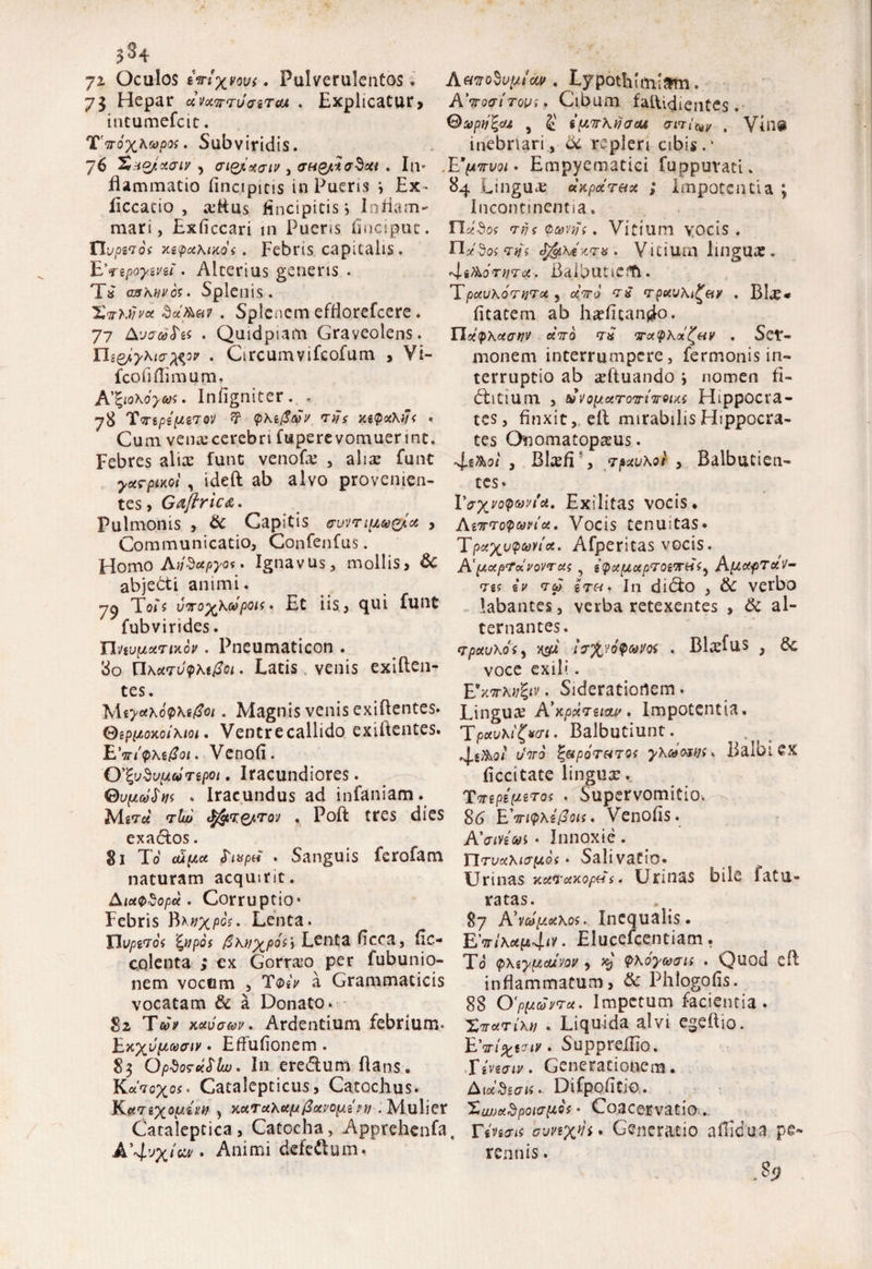 ji Oculos ini^vovi. Pulverulentos• 7$ Hepar *vcnr<rvetr& . Explicatur, intumefcit. T'ttox^P^- Subviridis. 76 X Ho/ctaiv , cri&xaiv , cth&*<7§ou . In¬ flammatio (incipitis in Pueris i Ex~ liccatio , tcflus (incipitis i Inflam¬ mari, Exficcari 111 Pueris (inciput. ttvpwof xgtpcihiKQi. Febris capitalis. hWipoyzm'. Alterius generis . T* aaKMM. Splenis. XirhtJux dot&tov . Splenem efflorefeere. 77 Aucupa . Quidpiam Graveolens. Hc&yKia. Grcumvifcofum , Vi- fcofi (limum, A'fyohoyoos. Infigniter. , 78 'IVepgT/STOl' ^ <phl($<X)V TMS • Cum venaicerebri fuperevomuerint. Febres aliae fune venofx , aliae fune yuTpiKol, ideft ab alvo provenien¬ tes, G<zftric<&. Pulmonis , & Capitis eruvriu&g/cc , Communicatio, Confenfus. Homo Avdctpyoi. Ignavus, mollis, & abjedi animi. 7^ Tofs uno^hapoii. Et iis, qui funt fubvirides. TlvtvpixriKoi'. Pneumaticon . 80 . Latis venis exiften- tes. Miyct\c<phi(2oi. Magnis venis exiflentes. 0gpiioxcihioi • Ventre callido exiitentes. EV/pxe/Jo/. Venofi. O'fyjxtvuainpoi. Iracundiores. ©u^o/J>* . Iracundus ad infaniam. M£T« T&o tfr&vg/Tov . Poft tres dies exados. 81 To captu f-iupti . Sanguis ferofam naturam acquirit. AmoluptM . Lypothunlam. A’iroaiTovi, Cibum fal\ufientes . Qapnfyjt , *itTrKtfacu anicw , Vin@ inebriari, & repleri cibis.* .L*pwoi • Empyematici fupputati» 84 Linguae «xpotT&u ; Impotentia ; Incontinentia. 7■$( pavus. Vitium vocis, nxdoiTijs Jfatexru • Vitium imgux . Baibutieiti. TpocuKortjTcc y catto cra nrpuv\^efy . Blx« (itatem ab haficando. Hu<p\uariv catto 7« ttoc^KoI^hv . Ser¬ monem interrumpere, fermonis in¬ terruptio ab sftuandoi nomen fl- ditium , tovopceroTTtTreiKs Hippocra¬ tes, finxit, ell mirabilis Hippocra¬ tes Onomatopasus. , Blafir, rpxuKoi , Balbutien¬ tes. YoXVQ$®v*A' Exilitas vocis* AiTTToQtoviot. Vocis tenuitas* Tpocx^ooyia. Afperitas vocis. A'ptupTKVOVru; 9 ityocpiupTOiTTHi^ AptUfTUV- va gv <rop gV«. In dido , & verbo labantes, verba retexentes , & al¬ ternantes. crpxvKof) i7%v6$toi/oi . Blafus } & voce exili. E*x7r?o/£ii' • Siderationem. Lingua A'Kpxireicu' • Impotentia. Tpctvhi&rji. Balbutiunt. 4s>W t/?™ %&pore4TQs yKciojiji x Balbi ex ficcitate linguae. TTTipi^eros . Supervomitio. $6 E' myxi fi ou • Venofis. A'ainoo', • Innoxie . YlTvuKiorptoi • Salivatio» Urinas xuTuxoptis, Urinas bile fatu- AictvSopci. Corruptio» Febris Yhvxpc;. Lenta. Ylvpivof typos /Shvxpos i Lenta flcca, fle- colenta ; ex Gorram per fubunio- nem vocem , TogV a Grammaticis vocatam & a Donato. 82 Tcov xavctev. Ardentium febrium. Exxvptaaiv • EfluFonem. 83 OpSorxSlw* I11 eredum flans. Kuioxos' Catalepticus, Catochus. KctTtxWiM > xctruXuf/fixvoptiw .Mulier Catalepcica, Catocha, Apprehenfa, A’4vxic^* defedum, ratas. 87 Incqualis. EV/x^4<r. Elucefcentiam. To <p\6yptouvoy , (pKoycoan . Quod efi: inflammatum, & Phlogofis. 88 0'p{acovtu. Impetum facientia. XirctTiw . Liquida alvi egeflio. EV/fcea/y. Suppreilio. linaiv. Generationem. AwSgffij. Difpofltio. Xujjxdpoivpios * Coacervatio... Hvgo-if cvvixyh* Generatio aflldua pe¬ rennis . . §9