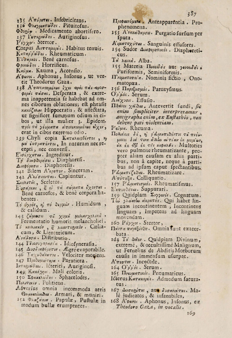 T$f A'tJptris. Infebridtans. $kiy/4ct'rdfof. Pituitofus. . Medicamento abortifero. 137 Vxrf&eiPvs • Auriginofus. PV^o/* Stertor. Corpus AiTrojispif. Habitus tenuis. KeiVxfpubii. Rheumaticum * E'vaxpKos. Bene carnofus. Qpiwfos . Horrificus. K «Opi*. Kauma , Accen/io. Kyeovoi. Aphonus, Infonus > UC ver¬ tit Theodorus Gaza. 138 AVwcm/^eVoK <t)pei 'tuc ^apccr- <f>opdi 'jroiatu, Defperata , Se extre¬ ma inappetentia fe habebat ad om¬ nes ciborum oblationes*, eft phrafis xxxo£v\9s Hippocratis> 8c affedtata, ut fignificet fumeum odium in ci¬ bos , ut illa mulier 3. Epidem. Tpoi 7X yiviXolTOt dlFOViVOVptVM , erat in cibos extremo odio. 139 Chyli copia K*T«Aejp0eVro* , ^ fw ix-TpuTiurot, In naturam nec re¬ cepti , nec converfi. E'wipXiTcu. Ingreditur. Tp $lufybopnau . Diaphorefi. &icz$dptfpis. Diaphoreiis. 141 Bilem A*xpi)froi'. Sinceram» 142 ^.\i'a)iovT<xi. Capiuntur. XxstoTaV, Sceletos. 5 (£ 61/ 75S ffO>piclVct ty^OVTdi . Bene carnofos , & bene corpora ha¬ bentes . To vypoVi % to Sipjxiv . Humidum , & calidum. 143 ^V[JL&JIS 7S XVpLZ . Fermentatio humoris melancholici. To’ KOlKlCMOV , 4' Ail2VTZ,0/,XQV . Ctslia- cum, & Lientericum. Avcl^ocru . Dihributio. 144 lTi03-y>x/3«(r/c« . Idiofyncrafia. *4f Awd ixQopwrov. ^Fgreevaporabile. 14^ T«xy^«WT0f. Velociter moriens. 147 . Paratiora. InTiOt-t»T. Icterici, Auriginofi» 149. . Mali coloris. i$o Xp#xtKtoS'ys • Sphacelodes. FLAiT/x^ . Politicon. Adverfus omnia incommoda aeris (SvevMiivt&cu. Armari, & muniri. 152 . Papulat, Puftula: in modum bullat erumpentes. 3S7 nimium . AnteapparSntia . Pro- phenomena. 1^3 Avaaccdocpo-i;. Purgatiofurfum per fputa. AipictrQxdTM . Sanguinis efFufores. 114 Sudor Aiu^oprjTuoi . Diaphoreti¬ cus. T« Agt/xo;. Alba. Materia HyocjcTj/r aut yoyouS1^ « P u r i fo r m i s, Se m i n i for m i s. nVop«7mr«. Nominis fictio , O110- matop^a. II<xp9%wtJiQs, Paroxyfmus. /3 p>q( . oerum . A luxati, Effuflo. n$oivet Antevertit fundi, //V /impliciter interpretamur , antigrapha enim, ejv Eafiathio , non debent pati violentiam. PV***. Rheuma. IIoAveociS <Ts'5 Kj' pdjyixn&ivTos 7* <7mu- pt-OVQS S ICC 71VOI U/klw cUTlCti? fX [JLCpitoV^ d/i £y> ‘ff/S £ii Viis xz<pu\vs . Multoties vero pulmone rheumatizante , pro¬ pter aliam caufam ex aliis parti¬ bus, non a capite, neque a parti¬ bus ad ipfum caput fpc&antibus. PRheumatizare. AVoV#5«. Colliquatio. 15*7 P'sbp^vio-pios. Rheuraatifmus. EWyy-S^voa. Suppurari. IC9 Quidpiam Xuyytns. Cognatum. T^> yhdealw dxpuTvs. Qui habet lin¬ guam incontinentem , Incontinens linguam , Impotens ad linguam movendam. 160 Viyyos. Stertor, rietvr a • O m n i a ta n t ex a ce r- bata. 1 d5- To’ . Quidpiam Divinum, extreme, Scoccultiffime Malignum, ut Fernelius de Abditis Morborum caufis in immenfum ufurpat. AVgtt^sv . Incebtrle. 164 Q'p'pos . Serum . 16 j riyeufictrixcs. Pn eu mati Ciis. IbkrusKuTuxopris. Admodum fatura*» tus. 7 £>7 &vcry.QpTit$ 5 au# Sv&oiviatTtts * Ma¬ le judicatos, Sc infanabiles. 168 Aornos . Aphonus, Infonus, ex Theodoro Gaz*a> in vocalis. 169