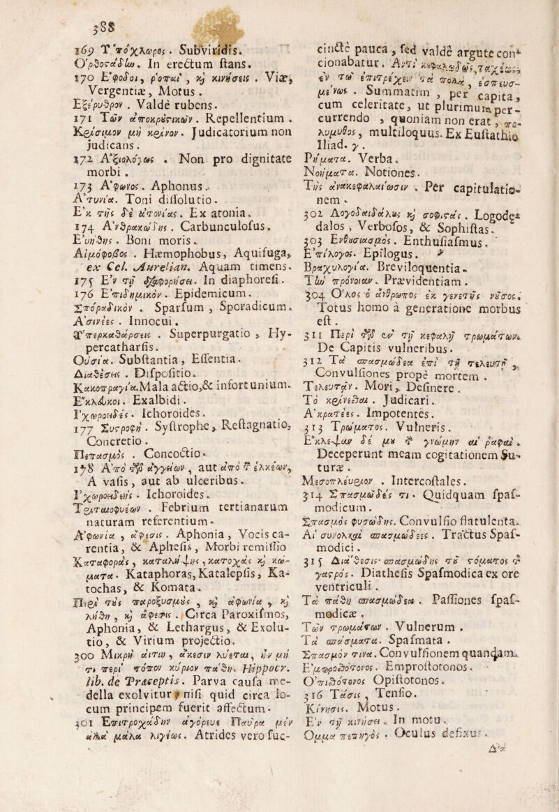 165? TVo'x^. Subviridis. O'p$o?ct£luj. In eredum flans • tyo E^oSoi^ fovea' > xj xivy<ju5 . Vio, Ver genti#* Morus. E&pvSpov . Valde rubens. 171 TaJy oivroKpvrixcjv. Repellentium . K&iaipou fAi) KQjivov. Judicatorium non judicans. 171 A*'iioko}cai . Non pro dignitate morbi. 273 A'<p&>vot.Aphonus .> AVtmot. Totii didolutio. Ex Si btWoviui. Ex atonia. 174 A^vSpoiKcoUs. Carbunculofus. EW-Sj/*. Boni moris.. AipiQtpotfos . Homophobus, Aquifuga, ex Cei. lAurelian. Aquam timens. I7f EV 7» $&<popv<?a. In diaphoreh. 176 EViJ>^jx«V. Epidemicum. Xvopx^iKov . Sparfum , Sporadicum. AWggf . Innocui. &'vspxei$ee-po-ei* . Superpurgatio > Ily- percatharfis. Oucrtee. Subftantia, Edentia. AnetSiffM . Difpcfitio.. K«xo7rptf7fw.Mala adio,& infortunium. E*xx<$Lxo/ . Exalbidi. rx®po«^sl. Ichoroides. j jy Xv<rpo<£fj. Syftrophe , Reftagnatio, Concretio . . Concoctio • 1*78 AVo dyydcov, aut «Vo r? eTxsW, A vafis, aut ab ulceribus. r^poe-dV/V • Ichoroides . T°/Tcjuo<pviOt>v . Febrium tertianarum naturam referentium* ACqtmiai , «>go-u . Aphonia, Vocis ca¬ rentia, & Aphefis, Morbi remidio %,aTu<popui, xctTaky-^i/s ,xaro%oi< xj x»~ KataphorasjKatalepiis, Ka- tochas, & Komata. fl-sgt mh vrctpotycriJiiii 5 oetptoviu y xj kv$y , Cj uQztis . Circa Paroxilmos, Aphonia, & Lethargus, & Exolu- tio, & Virium projedia. soo Mix/w uirty , otxiaiy kveTca, yv py <t» ors/oi* vovo]! XV piov m-ctSy. tiippocr. lih.de/TrAeeptis. Parva caufa me¬ della exolvitur jr nifi quid circa lo¬ cum principem fuerit adedtum* 3QI eiyopiv« FD7/>« piv t««Ac« kiyicoe. Atrides verofuc- ciiRF? pauca > fed valde argute coiV donabatur. Ani 7«v,'- *\ ™ *™p*x.w r« <ro*« , sW«at- . Summatrm , per capita, cum celeritate, ut plurimurtfper- currendo , quoniam non erat, topriot, multiloquus. Ex Euliathio Iliad. y. Pvucevet. Verba. 'NoyptuTci. Notiones* Th ctv*K2$ukuiG)aiv , Per capitulati®- nem . 301 Aoyo$eei$cik*i xj . Logode- dalos , Verbofos, & Sophiftas. 303 Evfaaixapds. Enthuiiafmus. EWikoyos. Epflogus. * Bp*xyXo><** Breviloquentia - T&y TTpovoiav.. Providentiam. 304 O'A0* 0 cttdptonos ix yeyzrys v^roi-i Totus homo a geueratione morbus eft. 3 I I Ticpt ad <TH KS^akiJ <7p&ttd<TWi> De Capitis vulneribus. 312 Tee czruo-ptcoSiu iiri Tiks^n y Convuliiones prope mortem . Tzkrjruv. Mori, Definere . Td x&nftad. Judicari. ATpotTezs. Impotentes. 313 Tptopieeros. Vulneris. E^xkz^ouf Si p,* r yv&{j.yv 02 petpai *. Deceperunt meam cogitationem fu¬ turo . MeaoTrkiv&ov . Intercodales. 314 XrcecrtAtoSts 7/. Quidquam fpaf- modicum. &rctaptos QuvtoSys. Convulho flatulenta. A1 avvokxgi cwu7[2cSSi2i.. Tra*dtus Spaf- modici. 31 f bictSiaii' anotcrpieSSys ve rdpietToi yuTpos. Diathehs Spafmodica ex ore ventriculi. Te* iruSv muapdSe& . Padlones fpaf- modico , T eo v rptopLoira# . Vulnerum . T« and'ffpLoiTu. Spafmata . Tweecrpov riva. Convuhionemquantam,. E'puapodorovos. Emproftofonos» O'wi&owm Opiftotonos. 316 T doris, Tenfio. Kivti&ts. Motus. EV 'ni xiVijaa. In motu. OpipLot inwyos • Oculus dehxu- .. 61*