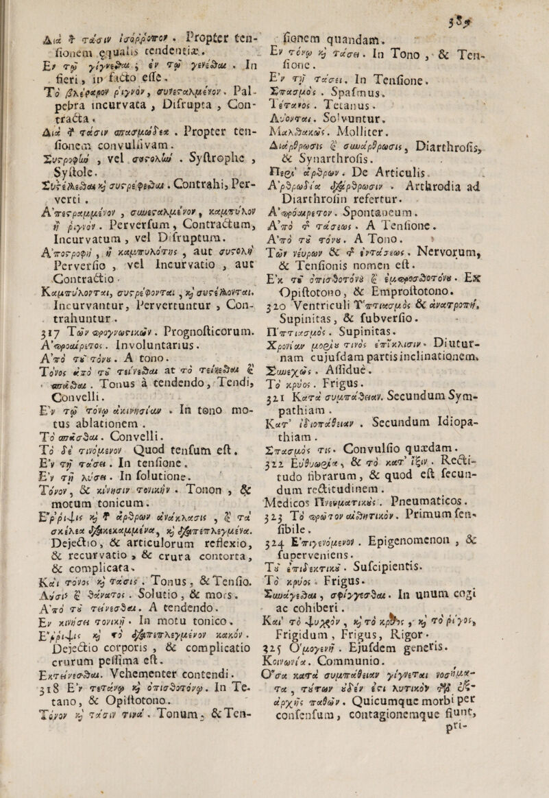 A tot & TA-criv ljQp,poirct . Propter ten- fionem ^qualis tendenti#. Et Tjy yiyvi$cu j $v Tai ygXg^cG* . In fieri, in Pt6fco efte, T6 piyvdr, ffvverxkpizm. Pal¬ pebra incurvaea , Difrupta , Con¬ tracta . Atx <? Tatrit affoKfptdfrtx . Propter ten- fionem convulnvam. Xurptylu* , vel a&roKw . Syflrophc , Syliole. £ii?i&z£ica kJ jurpe $s3ou . Contrahi, Per¬ verti . AViCjOtfjuftfVoP , aujbtTtxK^yot, xxpmjhov $ piyvdv . Perverfum, Contractum, Incurvatum, vel Difruptura. A'TTorpopri , » Kctpnruh.oTiis , aut JVTOkf? Perveriio , vel Incurvatio , aut GontraCtio « KupnrvKopToct, GV?pt<povTcii ? xj vvrsAoVTxi, Incurvantur, Pervertuntur , Con¬ trahuntur . 317 Ta;/' <®poyvc0nKciv. Prognofticorum. A’<<>pooupiTOi. Involuntarius. AVo ToVtf . A tono. ToW «fVo Tii' T&lVt&CU at “TO <£ . mr*d*i. Tonus a tendendo. Tendi, Convelli. EV t® ToVfy otxiwfftaur • In t®no mo¬ tus ablationem . To'gwko^cw . Convelli. To <Tg rLvoy.ivov Quod tenfurn eft. EV vw «r«V«. In tenfione. E'v tu Kv&et. In folutione. T6tot, & xivuaiv rmsctiv • Tonon , motum tonicum. E>V4« ^ ^ XpSpUt XVxxkXTIS 5 {> Te* oxikix J^txtxxpt^itx^ xj dfflnrzvrteyfxeVoc. DejeCtio, & articulorum reflexio, & recurvatio , & crura contorta, & complicata'. KA Tovot % Txa-ts . Tonus, &Tenfio. Avffi* £ $xyctTo(. Solutio, & mors. AVo t« reivzadtiu. A tendendo. Ej/ xivtian tovmj * In motu conico • E*s/ r3' ty&Tiwkzyptiyov xxxdv . Dejedtio corporis , & complicatio crurum peftima eft. Ex<r«W^«M. Vehementer contendi. 318 EV TiTxvtp X; owiaSQToyp. In Te- tano, & Opiftotono. Tc>3^ ^ VflfViy tW. Tonum 5 &Ten- fionem qnandam. Ev yeVft» tcKcret. In Tono , &c Ten- fi oi i e . Ev Tii Totcru, In Tenfione. Xvtito-ptds . Spafmus. 1 g‘ratos. Tetanus . A•Jotreu. Solvuntur. Mahtixmi. Molliter. AkctpSpacrif <£ auvc&pSpcaais 3 Diarthrofis, & Synarthrofis. rig0<' apdp&y. De Articulis. A'pbpofMae Jfflpdp&criy > Arckrodia ad. Diarthrofin refertur. A’QfOMpiTov. Spontaneum. AVo ^ Tee'. A I enlionc. AVo Ta tqvh» A Tono. TfcJ* vivpGov & ‘j5 ivTKjta* * Nervorum, & Tcnfionis nomen eft. E’x V®' OTTlcSoTOVi} (£. ^(XoSCfOJ^OToVkS . EX Opiftotono, & Emproftotono. 320 Ventriculi TVT/eco-^df $k avarpomi. Supinitas, & fubverfio. nVT^cr/uo?. Supinitas. ICpovica* pLOQjlv rivos tTrXxKvjiv *■ DilltUt- nam cujufdam partis inclinationem. Aflidue. To xpvoi. Frigus. 321 KrtToi aupnrad&ctv. Secundum Sym* pathiam . K*r’ itiowMu*v . Secundum Idiopa- thiam. Tif• Convulfio quadam. 322 EliduaQ/ix i & to xfiiT . Recti¬ tudo fibrarum, & quod eft fecun¬ dum re&itudinem. Medicos npgv^tfrjxtfT. Pneumaticos. 323 To '®p®7oy cuShtimv. Primum fcn- fibile. 324 E’7n}tvdpeevM . Epigenomcnon , & fuperveniens. Ta gVi^gxTix» • Sufcipientis. To xpvos« Frigus. Xoaceygde« , (TQtyywSM. In unum cogi ac cohiberi. Kxi TO 4^^ , STO xpis? Xj’ 9*0 ^ Frigidum, Frigus, Rigor» ^2f O'tioymr . Ejufdem genetis. Koivmiot. Communio. (yax xxToi GvyLvrx$vixv ytyVsToet vo<rnpt<x- tx , Titr&v «<TgV gV* \uTixdv £/%m xpxfo 'irxticdv. Quicumque morbi per confenfum, contagionemque pn-