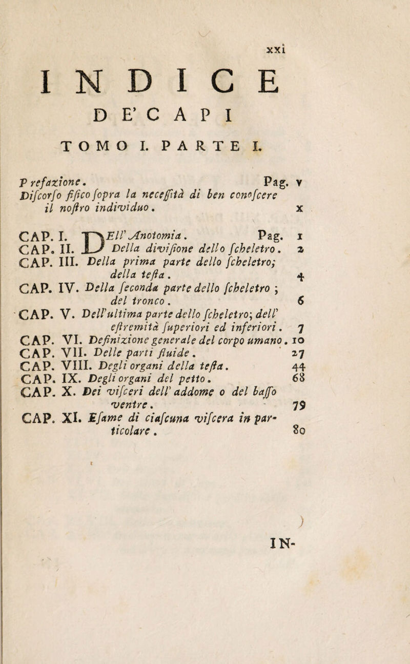 INDICE D E’ C A P I TOMO I. PARTE I. P reflazione. Pag. v Difeorfo fifico(opra la neceflfità di ben comfcere il noftro individuo . x CAP. I. 'Y\Ell'Anatomia. Pag. i CAP. IL U Della divifione dello fcbeletro. % CAP. III. Della, prima parte dello fcbeletro; della tefta. 4 CAP. IV. Della feconda parte dello fcbeletro ; del tronco. 6 'CAP. V. Dell'ultima parte dello fcbeletro; dell' eftremità fuperiori ed inferiori. 7 CAP. VI. Definizione generale del corpo umano. io CAP. VII. Delle parti fluide . 27 CAP. Vili. Degli organi della tefta. 44 CAP. IX. Degli organi del petto. 68 CAP. X. Dé7 vifeeri dell' addome 0 del baffo ventre. 79 CAP. XI. Efame di ciafcuna vifeera in par• ti colare. So