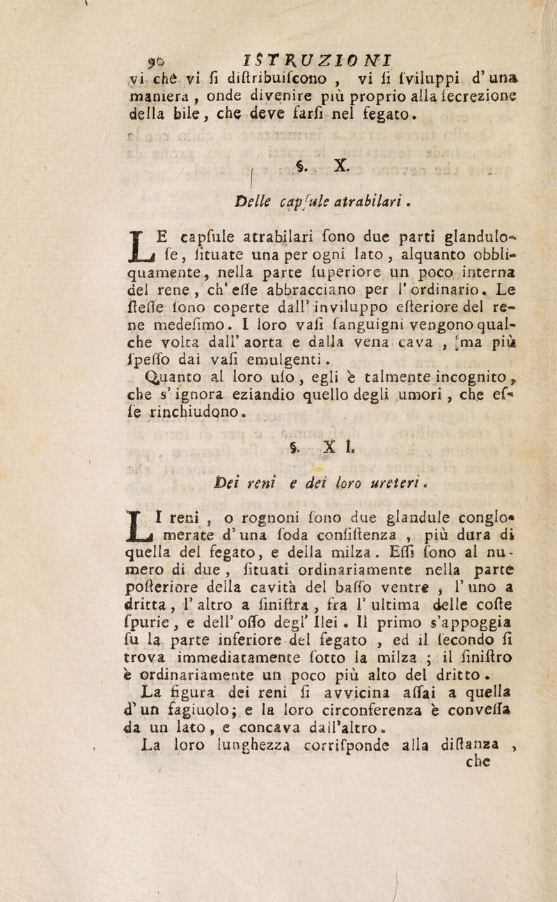 SK> ISTRUZIONI vi chù vi fi diftribuifcono , vi lì 1 Viiuppi d? una maniera , onde divenire più proprio alla iecrezione della bile, che deve farli nel fegato. r : ••• ' rr ’ ; Delle capfule atrabilari. LE capfule atrabilari fono due parti glandulo-* fe, lituate una per ogni lato , alquanto obbli- quamente, nella parte luperiore un poco interna dei rene, ch’elle abbracciano per l'ordinario. Le (Ielle fono coperte dall’inviluppo efteriore del re¬ ne medefimo. I loro vali fanguigni vengono qual¬ che volta dall’ aorta e dalla vena cava , [ma più fpeffo dai vali emulgenti. Quanto al loro ulo, egli è talmente incognito, che s’ignora eziandio quello degli umori, che ef« fe rinchiudono. $. X L Dei reni e dei loro ureteri. LI reni , o rognoni fono due glanduie conglo* merate d’ una foda confidenza , più dura di quella del fegato, e della milza. Elfi fono al nu¬ mero di due, limati ordinariamente nella parte polleriore della cavita del baffo ventre , i’ uno a dritta, 1’ altro a liniera , fra 1* ultima delle code fpurie, e dell’ olio degl’ Ilei . Il primo s’appoggia fu la parte inferiore del fegato , ed il fecondo li trova immediatamente lotto la milza ; il finifìro è ordinariamente un poco più alto del dritto. La figura dei reni fi avvicina aliai a quella <T un fagiuolo; e la loro circonferenza b convella da un lato, e concava daü’altro. La loro lunghezza corrifponde alla difianza , che
