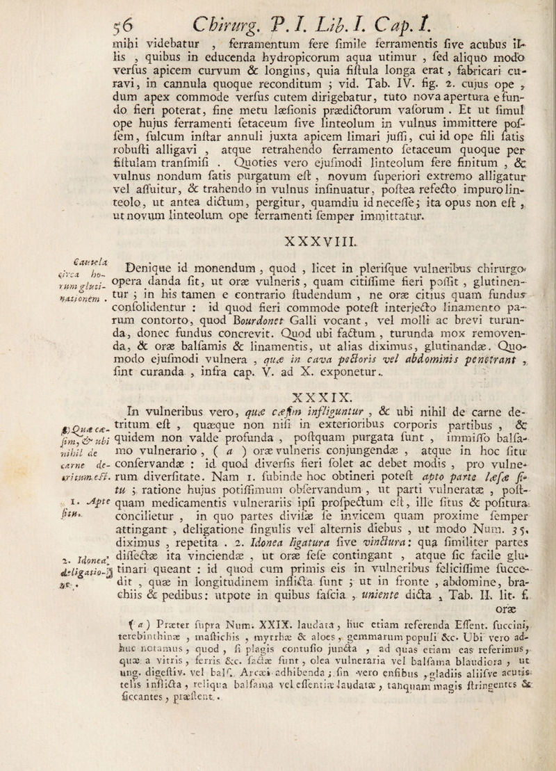 mihi videbatur , ferramentum fere fimfte ferramentis five acubus il¬ lis , quibus in educenda hydropicorum aqua utimur , fed aliquo modo verfus apicem curvum &lt;5c longius, quia fiftula longa erat, fabricari cu¬ ravi, in cannula quoque reconditum ; vid. Tab. IV. fig. 2, cujus ope * dum apex commode verfus cutem dirigebatur, tuto nova apertura e fun¬ do fieri poterat, fine metu lsefionis praedidorum vaforum . Et ut fimul ope hujus ferramenti fetaceum five linteolum in vulnus immittere pof- fem, fulcum inftar annuli juxta apicem limari juffi, cui id ope fili fatis robufti alligavi , atque retrahendo ferramento fetaceum quoque per fiftulam tranfmifi . Quoties vero ejufmodi linteolum fere finitum , &lt;3c vulnus nondum fatis purgatum elb , novum fuperiori extremo alligatur vel affui tur, &amp; trahendo in vulnus infinuatur, poftea refedo impuro lin¬ teolo, ut antea di&amp;um, pergitur, quamdiu idneceffe, ita opus non eft ut novum linteolum ope ferramenti femper immittatur. XXXVIII. circa ho¬ rum gluti¬ nationem . Denique id monendum , quod , licet in plerifque vulneribus chirurgo* opera danda fit, ut orse vulneris , quam citiffime fieri polfit , glutinen¬ tur ; in his tamen e contrario ftudendum , ne orse citius quam fundus confoliden.tur : id quod fieri commode poteft interjedo linamento pa¬ rum contorto, quod Bourdonet Galli vocant, vel molli ac brevi turun¬ da, donec fundus concrevit. Quod ubi fadum , turunda mox removen¬ da, &amp; orae balfamis &amp; linamentis, ut alias diximus, glutinandae. Quo¬ modo ejufmodi vulnera , qu&lt;$ in cava pe Horis ve! abdominis penetrant , fint curanda , infra cap. V. ad X. exponetur.. XXXIX'. In vulneribus vero, qucC ctffim infliguntur , &amp; ubi nihil de carne de- g) Quae*- tritum &gt; quseque non nift in exterioribus corporis partibus , 6c ubi quidem non valde profunda , poftquam purgata funt , immi/To balla-- nihil de nrio vulnerario , ( a ) orae vulneris conjungendas , atque in hoc fitir came de- confervandae : id quod diverfis fieri folet ac debet modis , pro vulne* tritam e/i. rum diverfitate. Nam i. fubinde hoc obtineri poteft apto parte Ice fis fi* tu y ratione hujus potiffimum obfiervandum , ut parti vulneratas , poft- i. aipte quam medicamentis vulnerariis ipli profpedum eft, ille litus &amp; politura: juh., concilietur , in quo partes diviiae fe invicem quam proxime femper attingant , deligatione lingulis vel alternis diebus , ut modo Num. 3 5, diximus , repetita . 2. Idonea ligatura live vinffura: qua fimiliter partes diftedse ita vinciendae , ut orae fefe contingant , atque lic facile glu* ddigatio-% t-inari- queant : id quod cum primis eis in vulneribus felicilfime fucce- m,, dit , quas in longitudinem inflida funt ; ut in fronte , abdomine, bra¬ chiis &amp; pedibus: utpote in quibus fafcia , uniente dida a Tab. II. Iit. £ orae f a) Praeter fupra Num. XXIX. laudant, Kuc etiam referenda Elfent. fuccini, terebinthinae , maftichis , mvrrhae &amp; aloes, gemmarum populi &amp;c. Ubi vero ad¬ huc notamus, quod, fi plagis contufio jun&amp;a , ad quas etiam eas referimus, qua; a vitiis, ferris £cc. fiaflae funt, olea vulneraria vel balfama blandiora , ut ung. digeftiv. vel balfi Arcxi adhibenda j.fin -vero enfibus , gladiis aliifve acutis telis inflicta, reliqua balfama velelfentix laudatae, taliquam magis ftringentes &amp;: ficcantes, praedent..