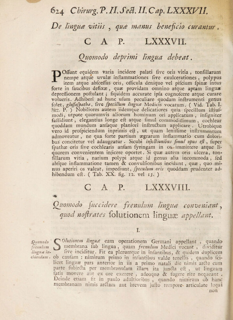 De lingua vitiis , qua manus beneficio curantur, GAP. LXXXVIL ' ® Quomodo deprimi lingua debeat. POfTunt equidem varia incidere palati five oris vitia , tonfillarum nempe atque uvulae inflammationes five exulcerationes , polypus item atque abfcefllis oris, officula denique vel pificium fpinae intus forte in faucibus defixae , quae providam omnino atque aptam linguae depreffionem poflulant ; fiquidem accurate ipfa cognofcere atque curare volueris. Adhiberi ad hunc ufum peculiare quodam inftrumenti genus folet, gloffofipatha, five fpecillum lingua Medicis vocatum. ( Vid. Tab. L Jitt. P. ) Nobiliores autem iidemque delicatiores quia fpecillum iftiufi modi, utpote quorumvis aliorum hominum ori applicatum , infigniter faltidiunt , elegantius longe eft atque _ fimul commodiflimum , cochlear quoddam mundum anfaque planiori inftrudum applicare . Utrobique vero id profpiciendum inprimis efl:, ut quam lenilfime inftrumentum admoveatur , ne qua forte partium segrarum inflammatio cum dolori¬ bus concitetur vel adaugeatur , Sicubi injcBionibus fimul opus efl , fuper fpathse oris five cochlearis anfam fyringam in os immittere atque li¬ quorem convenientem injicere oportet. Si quae autem oris ulcera, ton¬ fillarum vitia , narium polypi atque id genus alia incommoda, fed abfque inflammatione tamen &amp; convulfionibus incidunt, quae , quo mi¬ nus aperiri os valeat, impediunt, fipeculum oris quoddam prudenter ad¬ hibendum efl. ( Tab. XX. fig. 12. vel 15. ) C A P. LXXXVIII. m Quomodo fuccidere frenulum lingua conveniant, quod nofirates folutionem linguae appellant. i. Quomodo Gluttonem lingua eam operationem Germani appellant , quando 'frenulum membrana fub lingua , quam frenulum Medici vocant , dividitur linguam* five inciditur. Fit ea plerumque in infantibus, &amp; quidem duplicem delendum. ob caufam : nimirum primo in infantibus valde tenellis , quando fci- licet linguae pars anterior in iis a primo natali die nimis arde cum parte fubjeda per membranulam illam ita junda efl , ut linguam latis movere aut ex ore exerere , adeoque Sc fugere rite nequeant . Deinde etiam . fit in paulo adultioribus , quando nimirum ob hanc membranam nimis ardam aut brevem juflo tempore- articulate loqui non