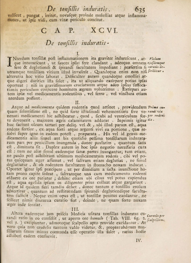 De tonfillis inauratis. 695 vellicet , pungat , irritet, novafque proinde moleflias atque inflamma¬ tiones, ut ipfe vidi, cum vitae periculo concitet. GAP. X G VI. De tonfillis induratis - I. INterdum tonflllae pofl inflammationem ita graviter indurefcunt , at- Vitium que intumefcunt , ut fauces ipfas fere claudant , adeoquo omnem ejufdemque fere Sc deglutiendi &amp; fpirandi facultatem impediant : praefertim fi curatio de- utramque tonfillanl vitium iflud invaferit . Quandoque enim non nifi/cn^/twr • alterutra hoc vitio laborat * Difficulter autem quandoque emolliri at¬ que digeri durities illa folet , ita ut aliquando extirpare potius ipfas oporteat : nifi in graviflimorum cruciatuum atque adeo ipfius fuffcca- tionis periculum conjicere hominem aegrum voluerimus , Extirpari au¬ tem ipfse vel medicamentis rodentibus , vel ferro , vel vin&amp;ura etiam n ter dum poffunt, II. Atque ad medicamenta quidem rodentia quod attinet , providendum Trima ec¬ quam folertiflime efh , ne quid forte iftiufmodi vehementioris five ve- randi via. nenati medicamenti hic adhibeatur , quod , flcubi ad ventriculum for-fier rodent te devenerit , majorem aegris calamitatem adducat . Inprimis igitur **a * huc faciunt oleum tartari per deliq. vel Sc , ubi illud parum eft, aqua rodens fortior , ex aqua forti atque argenti vivi ea portione , quae re- foIvi fuper igne in eadem poteft , praeparata . His vel id genus me¬ dicamentis aliis fetnel aut bis quotidie peflima tonfillarum indurata¬ rum pars per penicillum inungenda , donec paulatim , quantum fatis efl , diminuta fit . Duplex autem in hoc ipfo negotio neceflaria cura efl ; tum ne alias fimul eademque fanae partes inungantur; tum etiam, ne paulo pofl adhibitum ultimum medicamentum rodens , cibi vel po¬ tus quicquam aeger aflimiat , vel falivam etiam deglutiat , ne fimul deglutiatur , Sc ob rodentem facultatem in ftomacho noxam inducat . Oportet igitur ipfi praecipere , ut per dimidiam a fa<fla inumflione ho¬ ram prono capite fedeat , falivamque una cum medicamento rodenti effluere ex ore patiatur ; dehinc etiam ubi cibus vel potus capiendus efl , aqua egelida ipfum os diligenter prius colluat atque gargarizet . Atque id quidem fieri tamdiu debet , donec tantum e tonfillis erofum advertitur , quantum ad reflituendam fpirandi deglutiendique faculta¬ tem fufficit . Neque enim opus efl , ut tonflllae penitus exedantur, ne fcilicet nimis diuturna curatio fiat , deinde , ne quam forte noxam asger inde fentiat. Ut Altera eademque jam prifcis Medicis ufitata tonfillas induratas cu- curatio per randi ratio in eo confiflit , ut aperto ore hamulo ( Tab. VIII. fig. 2. rcaiphdm, vel 3. ) excipiantur, admof.oque fcalpello apto provide excidantur. At vero quia non crudelis tantum valde videtur, &amp;, propter abditum ton- fillarum fitum minus commoda efle operatio ifta folet , rarius hodie adhiberi eadem confuevit. / IV.
