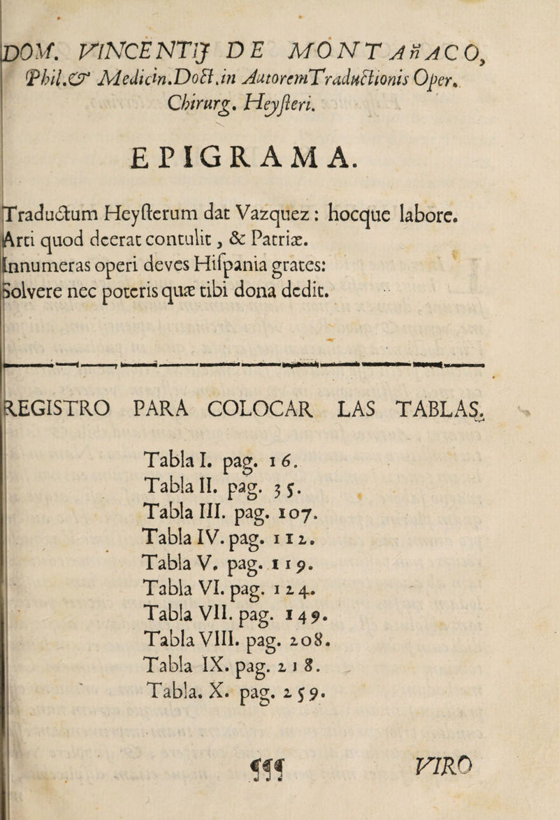 DOW. VlNCÉNTlJ DE MONT AnACO, 'Pbil.CF Medic'm.Doíl jn AutoremTraduBionis Oper. Cbirurg. Heyjleri. EPIGRAMA. Tradu&amp;um Heyfterum dat Vázquez: hocque labore. Arci quod deerat conculit, &amp; Patriae, innumeras operi de ves Hifpania grates: Solvere nec poteris quae tibi dona dedit. -T* ipi»nn*ti REGISTRO PARA COLOCAR LAS TABLAS. «Y* Tabla I. pag. i 6. Tabla II. pag. 3 5. Tabla III. pag. 107. Tabla IV. pag. m. Tabla V. pag. 119. Tabla VI. pag. 114. Tabla VII. pag. 149. Tabla VIII. pag. zoS. Tabla IX. pag. u 8. Tabla. X. pag. 159. <« rato