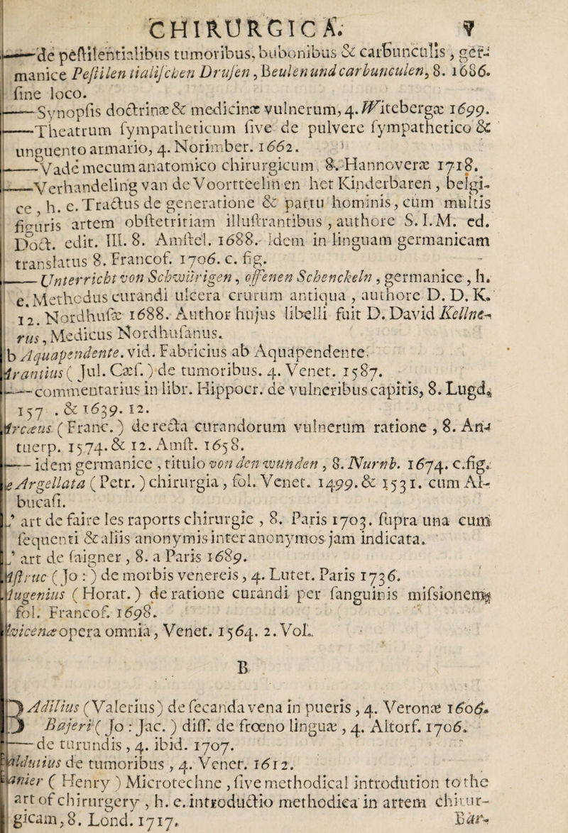 alibus tumoribus, bubonibus &amp; carbunculis, gcf- tialtjcben Drujen^tieulenundcarbuncukn, 8. 1686. i fine loco. ■-Synopfis do&amp;iinsG&amp; medicinae vulnerum, 4. ¿Titeberga 1699. ——Theatrum fympatheticum live de pulvere fympathetico &amp; unguento armario, 4. Norknber. 1662. 1 L_^Vademécumanatomico chirurgicum, 8\ HannGvera 1718. I_Verhandeling van de Voortteelin en liet Kinderbaren, befgL cc h. e.Tradus de generatione &amp; partu hominis, cum multis fimiris artem obftetritiam illuftrantibus , authore S. I.M. ed. ifoSt, edit. III. 8. Amftel. 1688. Idem in linguam germanicam I translatus 8. Francof. 1706. c. fig. L_Unterricbt von Schwurigen, ojfenen Schenckeln , germanice, h. e Methodus curandi ulcera crurum antiqua, authore D. D. K. j2' Tfordhufe 1688. Author hujus libelli fuit D. David Kelint* rus, Medicus Nordhnfanus. b Aquapendente. vid. Fabricius ab Aquapendente. irannus{ Jul. Caf.) de tumoribus. 4. Venet. 1587. U-L commentarius in libr. Hippocr. de vulneribus capitis, 8. Lugd* l 157 . &amp; 1639. 12. litrcaus. (Franc.) de reda curandorum vulnerum ratione , 8. An^ tuerp. 1574.&amp; 12. Amft. 1658. -— idem germanice , titulo von den ve un den , 8. Nurnb. 1674. c.fig* \eArgellata (Petr.) chirurgia, fbl. Venet. 1499.&amp; 1531. cum Al- bu cafi. ] 7 art de faire íes raports chirurgie , 8. Paris 1703. fupra una cum iequenti &amp; aliis anonymis inter anonymos jam indicata. 1.7 art de faigner , 8. a Paris 1689. mftruc ( Jo : ) de morbis venereis, 4. Lutet. Paris 173 6. [[lugemus (Horat.) de ratione curandi per fanguinis mifsionem$ i fol. Francof. 1698. i ívicenaopera omnia, Venet. 1564. 2. VoL Adii his (Valerius) de fecanda vena in pueris , 4. Ve ron te 1606* 13 Bajeri^ Jo : Jac. ) diff. de fcoeno lingua;, 4. Altorf. 1706. ■—- de turundis , 4. ibid. 1707. wtldutius de tumoribus , 4. Vener. 1612. wnier ( Henry ) Microtechne , iive methodical intr.odution tothe i artof chirurgery , h. e.intiodudio methodica in artem clikur- I gicam,8. Lond. 1717. B at-* 'de péítttenti manice Pejlilen