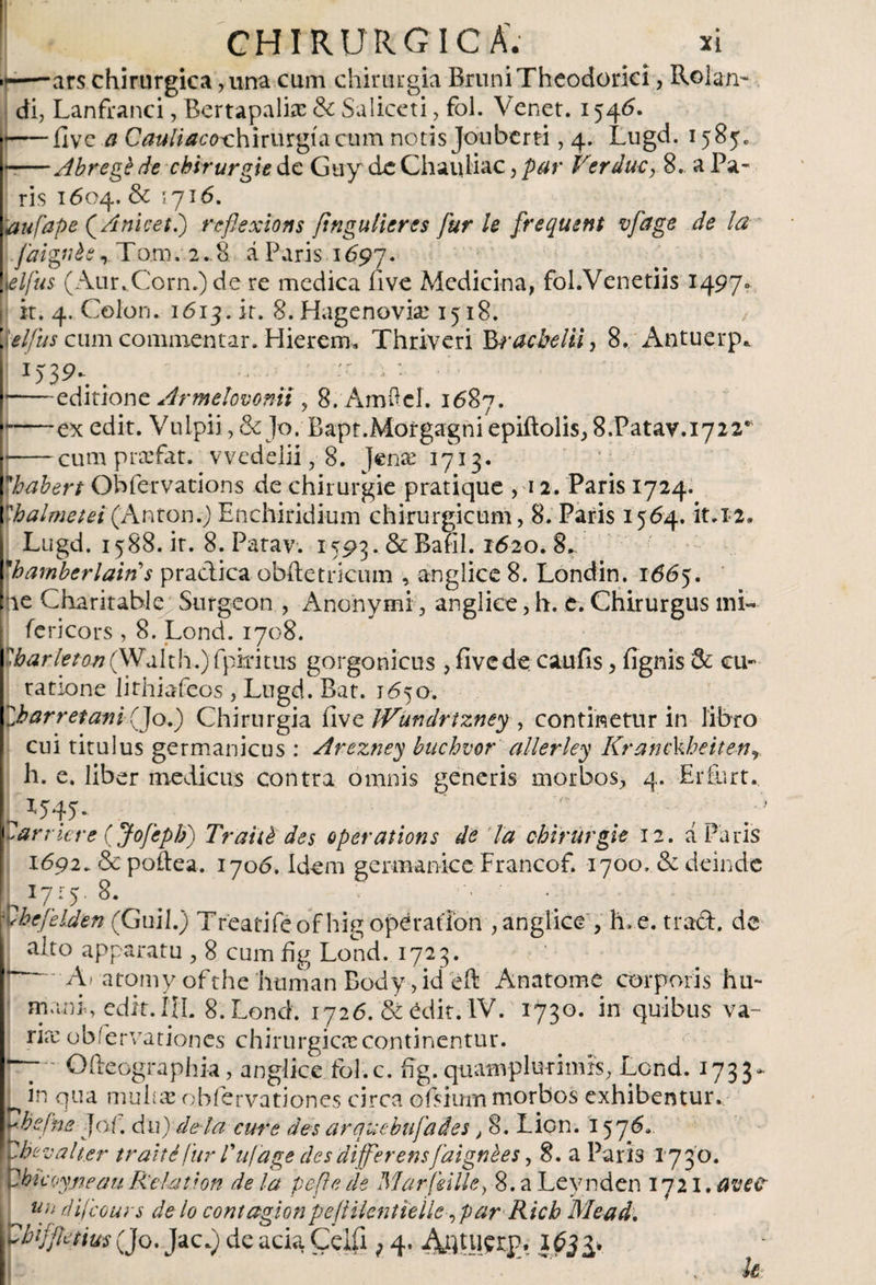 •I——ars chirurgica yuna cum chirurgia Bruni Theodorici, Rolan- di, Lanfranci, Bertapalkc &amp; Saliccti, fol. Venet. 1546. I*-five a Cauliacoxihirurgiacum notis Joubcrti, 4. Lugd. 1585. -Abregéde cbirurgie de Guy deChauliac, par Ver duc y 8. a Pa¬ ris 1604.&amp; 1716. aufape (Anicetl) reflexións ftnguUercs fur le frequent vfage de la faignbe r Tom. 2.8 á Paris 1697. \elfus (Aur.Corn.) de re medica five Medicina, fol.Venetiis 1497* it. 4. Colon. 1613.it. 8. Hagenoviae 1518. [ielfus cum commentar. Hierem» Thriveri Bracbelii, 8.Antuerp* i)39*. .  - -editione Armelovonii , 8/AmflcI. 1687. 1-ex edit. Vulpii, &amp; Jo. Bapt.Morgagniepiftolis, 8.Patav.i722* |-cum prodat. vvedelii , 8. Jense 1713. ybabert Obfervations de chirurgie pratique , 12. Paris 1724. rhalmetei(Antón.) Enchiridium chirurgicum, 8. Paris 1564. it. 12* j Lugd. 1588. it. 8. Patav. 1593. &amp; Rafil. 1620. 8. vhamberlain s pradica obftetricum , anglice 8. Londin. 1665. Ke Charitahle Surgeon , Anonymi, anglice, h. e. Chirurgus mi- fericors, 8. Lond. 1708. te^r/i?^(Waith.)fpiritiis gorgonicus , fivede caufis, fignis &amp; cu¬ ratione lithiafeos , Lugd. Bat. 1650. Zharretani (fjo.) Chirurgia five Wundrtzney , continetur in libro cui titulus getmanicus : Arezney buchvor allerley Kranckheitenr h. e. liber medicus contra omnis generis morbos, 4. Erfurt., X54C 'arrie re (Jofcpb) TraiU des operatioris de la cbirurgie 12. á Paris 1692. &amp; poftea. 1706. Idem germanice Francof. 1700, &amp; deinde ■L x7r5- 8. „ : %hefelden (Guil.) Treatifeof hig operatibn , anglice , h>e. trad. de I alto apparatu , 8 cum fig Lond. 1723. r—-A» atomy ofthe human Body, id eft Anatome corporis hu¬ mani, edit. íÍL 8. Lond. 1726. &amp; edit. IV. 1730. in quibus va¬ ria: observationes chirurgictecontinentur. “y- Ofteographia, anglice Fol.c, fig. quamplurimis, Lond. 1733» S in qua multas obfervationes circa ofiiurn morbos exhibentur, rbefhe Jai. dii) déla cure des arque bufa des, 8. Lion. 1576.. vhevalter tr ait ¿fur V ufa ge des differens faignbes, 8. a Paris 1730. ^hicoyneau Relati on de la pe Re ¿le Marfeille, 8. a Leynden 1721. avec Un difcours de lo contagiónpejlilentielie ,par Ricb Mead. 'bifjlctius (Jo. Jac.) dc acia Ceifi, 4. A.4Wcr¡\ le h h
