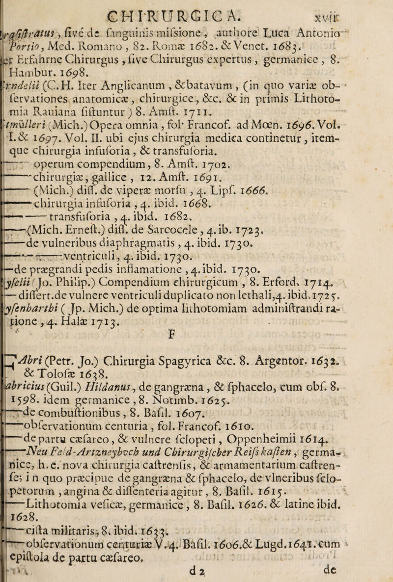 t\ra0ratusyñvédz fxnguinis mifsione, authore Luca Antonio 'Portio, Med. Romano ,82. Roma: 1682. &amp; Venet. 1683. {¡er Erfahrne Chirurgus , iive Chirurgus expertus, germanice , 8. Hambur. 1698. yrndelii (C.H. Iter Anglicanum ^ &amp;batavum , (in quo varix ob- fervationes anatomicas, chirurgice , &amp;c. &amp; in primis Lithoto¬ mia Rauiana fiftuntur) 8. Amft. 1711. Itmülleri (Mich.) Opera omnia , fol* Francof. ad Moen. 1696. Vol. I.&amp; 1697. Vol. II. ubi ejus chirurgia medica continetur, item- que chirurgia infuforia , &amp; transfuioria. j—- operum compendium, 8. Amft. 1702. 1-chirurgiae, gallice , 12. Amft. 1691. [■-(Mich.) diff. de viperae morfn , 4. Lipf. 1666. chirurgia infuforia , 4. ibid. 1668. - transfuforia , 4. ibid. 1682. (Mich. Erneft.) diíT. de Sarcocele, 4. ib. 1723. de vulneribus diaphragmatis , 4. ibid. 1730. - ventriculi, 4. ibid. 1730. —de praegrandi pedis infiamatione , 4. ibid. 1730. Vyfelii 'Jo. Philip.) Compendium chirurgicum , 8. Erford. 1714. I—diftert.de vulnere ventriculi duplicato non lethali,^.. ibid. 172 5T- yfenbartbi ( Jp. Mich.) de optima lithotomiam adminiftrandi ra¬ sione , 4, Halas 1713. F ^^^(Petr. Jo.) Chirurgia Spagyrica &amp;c. 8. Argentor. 1632* &amp; Tolofas 1638. \flb ricius(Guil.) Hildanus, de gangrasna, &amp; fphacelo, cum obf. 8» *598. idem germanice , 8. Notimb. 1625. de combuftionibus , 8. BafiL 1607. 'obfervationum centuria , fol. Francof. 1610. de partu casfareo, &amp; vulnere fclopeti, Gppenheimii 1614. ’~^Neu Fe d-Artzneybvch und Cbirurgifcber Reifs kaftén , germa¬ nice, h. e. nova chirurgia caftréníis, &amp; armamentarium caftren- fe^ i n quo prxcipue de gangrxna &amp; fphacelo, de vlneribus fclo- petorum , angina &amp; diflenteriaagitur, 8. Bafih I<515. -Lithotomia veílcx, germanice, 8. Bafil. 1626» &amp; latine ibid. 1628. * r—cifta militaris v 8. ibid. 1633. r—obfervationum centurias V.4. Bafil. i<5o6.&amp;Lugd. 1641.cum i epiftola dc partu casfareo. '1 *‘1 |ri* V d 2 dc