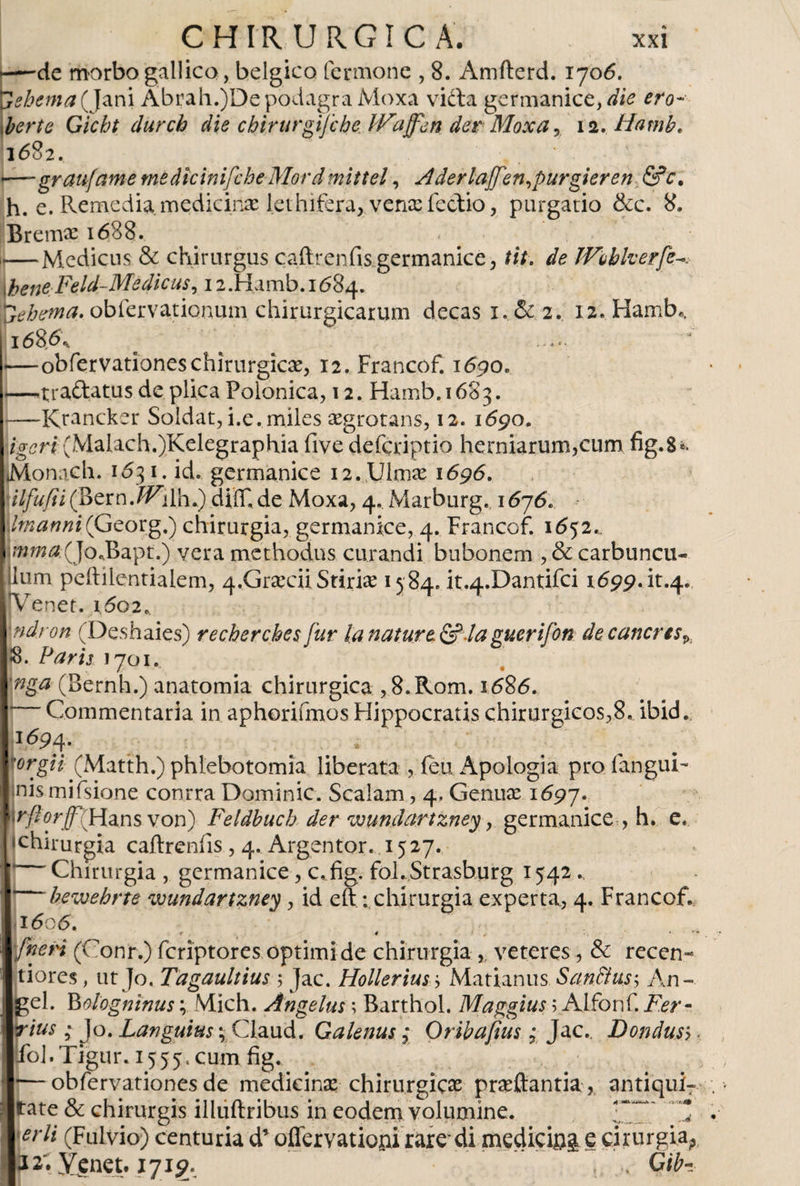 —de morbo gall ico, bélgico ícrmone , 8. Amfterd. 1706. uebema(Jani Abrah.)DepodagraMoxa vida germanice, ero- berta Gicbt durch die chirurgijche ¡Vajfen dar Moxa 9 12. Hatnb. 1682. —graufame medicinifche Mordmittel, Aderlaffinsurgieren &amp;c. h. e. Remedia medicinas lethifera, vence fedio, purgado &amp;c. 8. Bremx 1688. * -Medicus &amp; chirurgus caílrenfis germanice, tit. de JVibkerfe^ éene-Feld-Médicus, 12.Hamb. 1684. '¿eherna. obíervationum chirurgicarum decas x.&amp; 2. 12« Hamb., —obfervationes chirurgica?, 12. Francof. 1690* 1—tra&amp;atus de plica Polonica, 12. Hamb.1683. —Krancker Soldat, i.e. miles aegrotans, 12. 1690. igeri (Malach.)Kelegraphía five defcdptio herniarum,cum fig.8*. Monach. 1531. id. germanice i2.Ulma? 1696. ilfufii (Bern JV¿lh.) diíT, de Moxa, 4. Marburg., 1696. ImannifGeorg.) chirurgia, germanice, 4. Francof. 1652.. mma(KJoJBapt.) vera methodus curandi bubonem ,&amp;carbuncu- ílum peftilentialem, 4,Gra?ciiStirice 1584. it.4.Dantifci 1699. it.4. Venet. i5o2. ndron (Deshaies) re cherches fur lanature&amp;.la guerifon decaneres^ h Faris 1701., nga (Bernh.) anatomía chirurgica ,8. Rom. 1686. ‘ Commentaria in aphorifmos Hippocratis chirurgicos,8. ibid. ^94. orgii (Matth.) phlebotomia liberata , feu Apologia pro (angui¬ nis mifsione conrra Dominio. Scalam, 4, Genuse 1697. irfiorff\Hansvon) Feldhuch der wundartzney, germanice , h. e* •chirurgia caftrenfis , 4. Argentor.1527. ■ n - Q ’ --- J | Q / [ Chirurgia , germanice, c, fig. foLStrasburg 1542 ^ bewehrte wundartzney, id eft -..chirurgia experta, 4. Francof. 1 ócó. * 4 ■ 1 * ‘ ' fneri (Conr.) feriptores optimi de chirurgia veteres, &amp; recen- tiores, ut Jo, Tagaultius 5 Jac. Hollerius j Matianus SanFius$ An¬ gel. Bologntnus\ Midi. Angelus; Barthol. Maggius; Alfonf. jfb*- y/w ,* Jo. Languius;Claud. Galenus ,* Oribajius¿ Jac., Dondusi , Jfol.Tigur. 1555. cum fig. •—obfervationesde medicina? chirurgica praeftantia, antiqui¬ tate &amp; chirurgis illuftribus in eodem volumine. * (Fulvio) centuria d’ offervatioai rare'di medicina e cirurgiaA i 2; Yenet. 1719. * Gib-