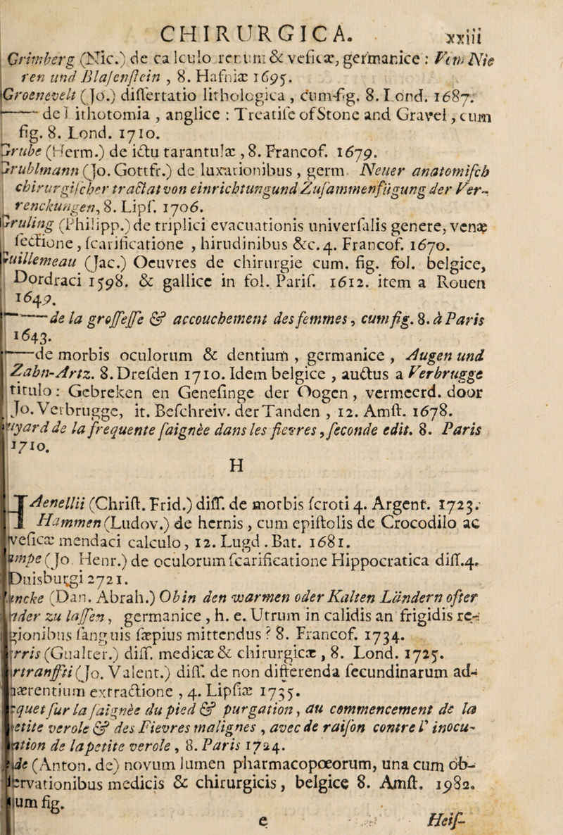 Qrvnberg (Nic.) de ca lcuio renum &amp; vcfitsc, germanice : Vtm Nk ren und-Blajetiftein , 8. Hafnix 1695. 1 Groenevelt (Jo.) diflertatio litholcgica , cumíg. 8. Lond. 1687. *-de 1 ithotomia , anglice : Treatile ofStone and Gravei , cum fig. 8. Lond. 1710. tdrube (Herm.) de i£lu tarántula: , 8. Francof. 1679. 2rublmann (Jo.Gottfr.) de luxationibus , germ. Neuer anatomifeh chirurgi! cber traclatvon e inri chtungund Z ufa mtnenfúgung der Ver- ^ renckungen, 8. Lipf. 1706. Ivrruling (Philipp.)de triplici evacuationis univerfalis genere, venae lw Ictfione, fcarificatione , hirudinibus &amp;C.4. Francof. 1670. yuillemeau (Jac.) Oeuvres de chirurgie cum. fig. fol. belgice, ^ordraci 1598. &amp; gallicc in fol. Parif. 1612. item a Rouen 1649. de la grojjejft*. &amp; accoucbement desfemmes, cutnfig.ft.aParis I&lt;543* . . . ' ['—“de morbis oculorum &amp; dentium , germanice , Augen und Zahn-Artz. 8.Drefden 1710. Idem belgice , au£his a Verbrugge titulo: Gebreken en Genefinge der Oogcn, vermeerd. door Jo. Verbrugge, it. Befchreiv. derTanden , 12. Amft. 1678. 'Uyard de la [requeme faignée dans les fievres ,feconde edit. 8. Paris 1 *7*o. H TAenellli (Chrift. Frid.) difT. de morbis ícrotÍ4. Argent. 1723; 1 Hammen(Ludov.) de hernis, cum epiftolis de Crocodilo ac peficx mendaci calculo, 12.Lugd.Bat. 1681. hmpe (Jo, Henr.) de oculorum fcarificatione Hippocratica diiT.4. [Duisbu^gi 2721. r tncke (Dan. Abrah.) Obin den vearmen oder Kalten Ldndern ofter nder zu lajfen, germanice , h. e. Utrum in calidis an frigidis rc~ gionibus fianguis fxpius mittendus ? 8. Francof. 1734. \rris (Gualter.) diiT. medica: &amp; chirurgicx , 8. Lond. 172 j. rtranfti(] o. Valent.) di fi', de non differenda fecundinarum ad¬ urentium extraflione , 4. Lipfix 1735. Xquet fur la faignée du pied &amp; purgation, au commencement de la \etite ver ole &amp; des Fievres malignes , avec de raifon contre V inocu- at ion de la petite v eróle, 8. Paris 1724. ? de (Antón, de) novum lurnen pharmacopoeorum, una cum ob¬ lationibus medicis &amp; chirurgicis, belgice 8. Amih 15)82. umfig. e ffeif