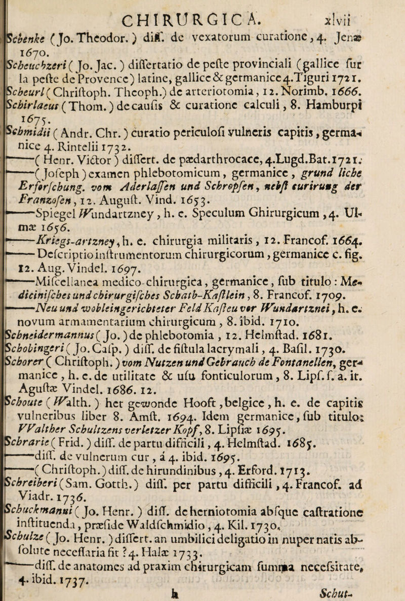 ¡Stbenke ( Jo.Theodor, ) dilf. de vexatorum curatione^. Jen® 1670. # ' -# Scbettcbzeri( Jo. Jac. ) differtatio de pede provinciali (gallice fur la pefte deProvencc) latine, gallicc &amp; germanice4.Tiguri 1721. Chriftoph. Thcoph.) de arteriotomia, n.Norimb. 1666. Scbirlaeus (Thom. )decaufis &amp; curatione calculi, 8. Hamburpi I 1^75- Scbmidii (Andr. Chr.) curatio periculofi yulncris capitis, germa-i nice 4. Rintelii 1732. f——( Henr. Vi&amp;or) differt, de pa:darthrocacc,4.Lugd.Bat. 1721; *-(Jofeph)examen phlebotomicum, germanice, grund licbe Erferfcbung. vom siderlafen und Scbropfeny nek/l tur ir ung der Franzofen ,12. Auguft. Vind. i6*3- r-Spiegel /fundartzney, h. c. Speculum Ghirurgicum ,4. Ui« míe 1656. —Kriegs-artzney i h. e. chirurgia militaris, i2.Francof. 1664. Dcfcriptioinftrumentorum chirurgicorum, germanice c. fig. 12. Aug.Vindel. 1697. Mifcellanca medico-chirurgica, germanice, fub titulo: Afe* dieinifebes undchirurgifcbcs Scbatb-Kafllein, 8. Francof. 1709. Neu und voMeingericbtetcr FeldKafteu ver Wundartznei, h. C. novum armamentarium chirurgicum , 8. ibid. 1710. Scbneidermannus( Jo. )dc phlebotomia , 12. Hclmftad. 1681. Scbobingeri( Jo.Calp,) diff. de fiftula lacrymali, 4. Bafil. 1730. ScborerQ Chriftoph.) vom Nutzen undGebrauch deFontanelleny ger-» manicc , h. c. de utilitate &amp; uiu fonticulorum, 8. Lipf.f. a. it. Agüíte Vindel. 1686. 12. Scboute (/Falth.) het gcwondc Hooft, belgicc , h. e. de capitis vulneribus liber 8. Amft. 1694. ^em germanice, fub titulo: VValtber Scbultzens verletzer Kopfy 8. Lipfise 1 £95. Sobrarte ( Frid. ) diff. de partu difficili, 4. Helmftad. 16$ j. diff. de vulnerum cur , i 4. ibid. 1695. (Chriftoph.)diff. de hirundinibus ,4. Erford. I713. • • • &gt; 1 . * • _ ^ |. a ^ • g 9 _—^ Scbreiberi(Sam. Gotth.) diff per partu difficili, 4. Francof. ad Viadr. 173 6. Scbuckmanui ( Jo. Henr. ) dift. de herniotomia abfquc caflratione inftituenda, prafide Waldfchmidio , 4. Kil. 1730, Scbulze ( Jo. Henr.) differt, an umbilici deligatio in nuper natis ab~ fiolutc neceflciriafit-4. Hate 1733, — diff de anatomes ad praxim chirurgicam fumipa necefsitate, 4. ibid. 1737. h Scbut-