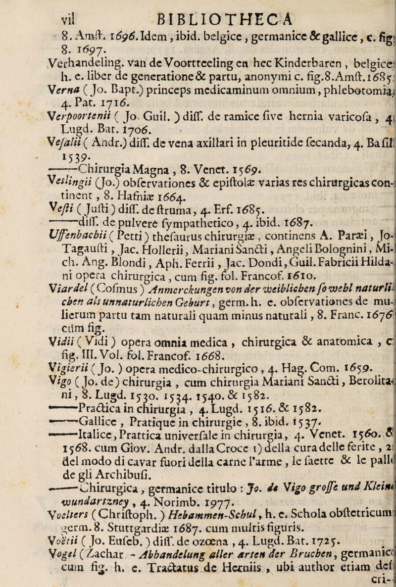 8. Amíh 1696* Idem, ibid. belgke, germanice &amp;gallicc, c. fig» 8. 1697. Vcrhandeling. van deVoorttcelingeti hec Kinderbaren , belgice; h. e. liber de generatione&amp; partu, anonymi c. fig.S.Amft.iófty Verna ( Jo. Bapt.) princeps medicaminum omnium, phlebotomi^ 4. Pat. 1716* Vcrpoortenii ( Jo, Guil. ) diíf de ramice five hernia varicofa , 41 Lugd. Bat. I706. - i Vejalii ( Andr.) diíT. de vena axillari in pleuritide fccanda, 4. BaíII; J539-. -—ChirurgiaMagna , 8. Venct. 1569* Veslingii (Jo.) obfervationes &amp; epiftote varias res chirurgicas con¬ tinent , 8. Hafniíe 1664. Ve/U (Jufti) diff. de ftruma, 4. Erf. 1^85. ——~diflf. de pulvere fympathetico, 4. ibid. 1687. Ufenbacbii ( Petti) thefaurus chirurgia , continens A. Parali, Jo-&gt; Tagaufti, Jac. Hollerii, Mariani Sandi, AngeiiBolognini, Mi-i ch. Ang. Blondi, Aph.Ferrii, Jac. Dondi, Guil. Fabricii Hilda-,i ni opera chirurgica , cum fig. fol. Francof, 1610. Viardel(Coímus) Anmcrckungenvondervoeibiieben fovjeblnaturia eben ais unnaturlichen Geburt, germ. h. e. obfervationes de mu-a lierum partu tam naturali quam minus naturali, 8. Franc. 16761 ctim fig. Vidii ( Vidi) opera omnia medica , chirurgica &amp; anatomica , c: fig. III. Vol. fol. Francof. 1668. Vigkrii ( Jo.) opera medico-chirurgico , 4. Hag. Com. 1659. Vigo (Jo* de) chirurgia , cum chirurgia Mariani Sandi, BeroUtati ni, 8. Lugd. 1530. 1534. 1540. &amp; 1582. ! —Pradicain chirurgia , 4. Lugd. 1516. &amp; 1582. —-Gallice , Pratique in chirurgie , 8. ibid. 1537* ; — Italice,Prattica univerfalc in chirurgia, 4. Vcnet. 1560* 5: i 1568. cum Gíov. Andr. dalla Croce i)delia cura dellc ferite , 2 del modo di cavar fuori della carne F ar me, le faette &amp; le palld de gli Archibufi. *——Chirurgica, germanice titulo : Jo. de Vigo groffe und Klcim\ wundartzney , 4» Norimb. 1977. Voelters ( Chriftoph. ) Hebammen-Schul, h. e* Schola obfictricum i germ. 8. Stuttgardix 1687. cum multis figuris. Voerii ( Jo. Eufcb. ) diffl de ozoena , 4. Lugd. Bat. 1725. # t V^/ ( Zachar - Abhandelung alicr arten der Brucben, germánico cum fig. h, e. Tradatus de Herniis., ubi author etiam dei cri-|