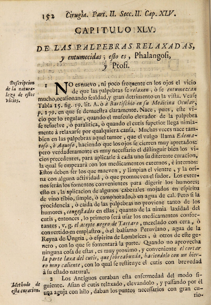 \$% Cb'ugid, Vatt.lL Secc.ll. Cap. XbV&gt; GAPITULOXLV. DE LAS RALTEBRAS RELAXADAS, y entumecidas ; e (lo es , Phalangofi, ■s . i ,0j —~ ■■ y 'Ut .. E j .1 fDe/crtpcion de U natur a* leza de ellos Vicios j&gt;L.I: v, t, . * v •' i V' « o , j XTO eSiiueVo.nl poco frequente en los ojos el vicio de que las palpebras fz relaxen , ó fe entumezcan mucho,oeafionando fealdad,y gran detrimento en la vifta. Veafe Tdlv.a fier i o. lít» A» ó a ílartifcbio en jii Medicina Ocular-) 11m! »fe demrft. cto» Na«, p«s, vi- ció por lo regular, quando el mufeulo elevador de la palpebra fe refuelve ó paralitica, b quando el cutis fupenor llega nimia¬ mente á rclaxarfe por qualquiera caufa. Muchas veces nace tam¬ bién en las palpebras aquel tumor , que el vulgo llama Edema- tofo o Amofo, haciendo que los ojos fe cierren muy apretados: pero verdaderamente es muy necefl'ario el diftingmr bien los_ vi¬ cios precedentes, para aplicarle á cada uno fu diferente curación, la qual fe empezará con los medicamentos externos, e internos: jEftos deben fer los que mueven , y limpian el vientre , y la ori¬ na con alguna aftividad , b que promueven el fudor. Los exter¬ nos ferán los fomentos convenientes para digerir los humores; efto es , la aplicación de algunos cabezales mojados etrelp.rim de vino tibio, fimple, o carnphorado,o en agua de cal. Pero h la procidencia , ó caída de las palpebras no proviene tanto de los humores, congelados en ellas, quanto de la nimia laxidad del cutis, entonces, lo primero ferá ufar los medicamentos confor¬ tantes , v, g. el ace/te negro de Tartaro, mezclado con cera , o con vertido^ emplaftro: o el balfamo_Peruviano , agua de la Reyna de. Ungria, b efpiritu de Lombrices , u otros de efte ge¬ nero , con lo que fe fomentará la parte. Quando. no aprovecha ninguna cofa de ellas, es muy proximo, y conveniente ele r la parte laxa del cutis, que Sobreabunda, hacendólo con un hier¬ ro hmj&gt; caliente, con lo qual fe reftituye el cutis con brevedad á fu eftado natural» _ , . , , ir 2 Los Antiguos curaban efta enfermedad del modo íi- ’JUethodo de guíente. Afian el cutis relaxado, elevándolo , y pallando por el tjla curación. aguja con hilo, daban los puntos neceíürios con gran cu-