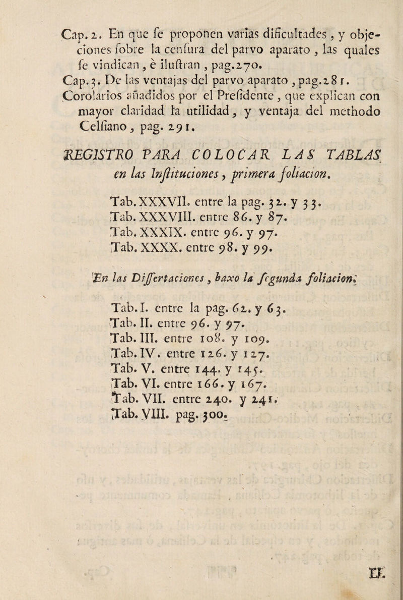 Cap. 2. En que fe proponen varias dificultades , y obje¬ ciones fobre la Centura del parvo aparato , las quales fe vindican, é íluftran , pag.270. Cap. 3. De las ventajas del parvo aparato s pag.28 r. Corolarios añadidos por el Prefidente , que explican con mayor claridad h utilidad 5 y ventaja del methodo Celíiano 3 pag. 291, REGISTRO VARA COLOCAR LAS TABLAS en las Injlituciones > primera foliación. Tab.XXXVIL entre la pag. 32. y 33« ¡Tab. XXXVIÍI. entre 86. y 87, l ab. XXXIX. entre 96. y 97. Tab, XXXX. entre 98. y 99. 'En las Disertaciones 5 baxo la fegunda foliación. Tab.X. entre la pag. 61* y 63. Tab. II, entre 96. y 97. Tab. III. entre 108. y 109. Tab. IV. entre 1 z6. y 127, Tab. V, entre 144. y 145. Tab. VI. entre 166. y 167, ah. VIL entre 240. y 241. Tab. VIII. pag. 300®