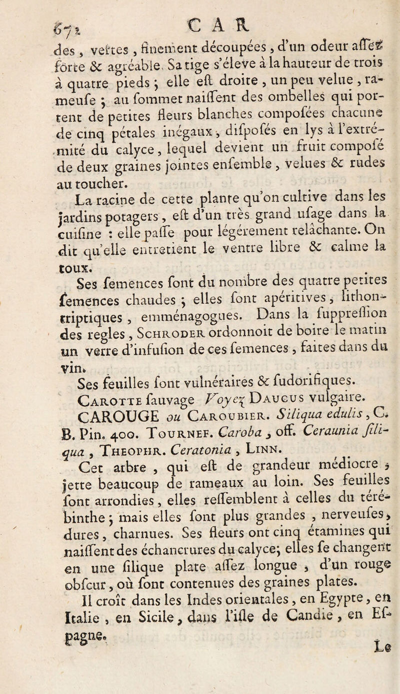 c A K des , vertes , finement découpées, d’un odeur afTet forte & agréable. Sa tige s’éieve à la hauteur de trois à quatre pieds; elle efi droite , un peu velue , ra- meufe ; au fommet naiflent des ombelles qui por¬ tent de petites fleurs blanches compofées chacune de cinq pétales inégaux, diipofes en lys ai extré¬ mité du calyce, lequel devient un fruit compofé de deux graines jointes enfemble , velues & rudes au toucher. La racine de cette plante quon cultive dans les jardins potagers, eft d’un très grand ufage dans la cuifine : elle pafle pour légèrement relâchante. On dit quelle entretient le ventre libre & calme la toux. , , Ses femences font du nombre des quatre pentes femences chaudes ; elles font apéritives, lithon- triptiques , emménagogues. Dans la fuppreflion des réglés , Schroder ordonnoit de boire le matin tin verre d’inlufion de ces femences , faites dans du vin. _ # . - Ses feuilles font vulnéraires & fudorifiques. Carotte fauvage Koye\ Daucus vulgaire. CAROUGE ou Caroubier. Siliqua edulis, C. B. Pin. 400. Tournef. Caroba j off. Ceraunia Jilï~ qua j Theophr. Ceratonia , Linn. Cet arbre , qui eft de grandeur médiocre $ jette beaucoup de rameaux au loin. Ses feuilles font arrondies, elles reflemblent a celles du teré- binthe; mais elles font plus grandes , nerveufes* dures, charnues. Ses fleurs ont cinq etamines qui naiflent des échancrures du calyce; elles fe changent en une filique plate aflez longue , d’ün rouge obfcur, où font contenues des graines plates. Il croît dans les Indes orientales , en Egypte, en Italie , en Sicile, dans Tille de Candie, en Ef- pagne»