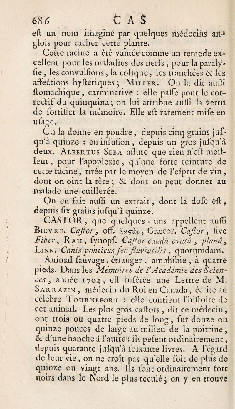 6% 6 CAS eft un nom imaginé par quelques médecins an^ glois pour cacher cette plante. Cette racine a été vantée comme un remede ex¬ cellent pour les maladies des nerfs, pour la parap¬ he , les convulfions, la colique , les tranchées &amp; les affections hyftériques } Miller. On la dit aufli ftomachique, carminative : elle paffe pour le cor¬ rectif du quinquina; on lui attribue auiïi la vertu de fortifier la mémoire. Elle eft rarement mife en ufage. Ca la donne en poudre, depuis cinq grains juf- qu’à quinze : eninfufion, depuis un gros jufqu’à deux. Albertus Seba affure que rien n’eft meil¬ leur, pour F apoplexie, qu’une forte teinture de cette racine, tirée par le moyen de l’efprit de vin, dont on oint la tête} &amp; dont on peut donner au malade une cuillerée. On en fai: aufli un extrait, dont la dofe êft , depuis fîx grains jufqu’à quinze. CASTOR, que quelques - uns appellent aufli Bievre. Cajloroff. Kctçiep, Græcor. Cafiorfive Fiber, Raii > fynopf. Cajlor caudâ ovatâ plana 9 Li nn, Canis ponticus feu fluviatilis , quorumdani* Animal fauvage, étranger , amphibie , à quatre pieds. Dans les Mémoires de VAcadémie des Scien¬ ces y année 1704, eft inférée une Lettre de M. Sarrazin, médecin du Roi en Canada, écriteau célébré Tournefort : elle contient l’hiftoire de cet animal. Les plus gros caftors , dit ce médecin , ont trois ou quatre pieds de long, fut douze ou quinze pouces de large au milieu de la poitrine, Sc d’une hanche à l’autre : ils pefent ordinairement, depuis quarante jufqu’à foixante livres. A l’égard de leur vie, on ne croît pas qu’elle foit de plus de quinze ou vingt ans. Ils font ordinairement fort noirs dans le Nord le plus reculé } on y en trouve