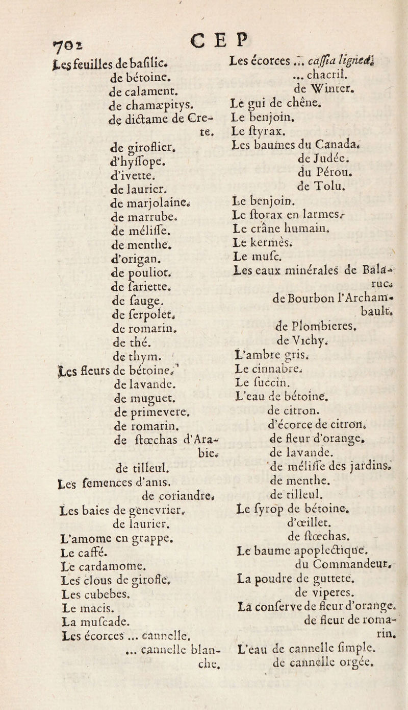 •70 ï C Les feuilles debafllic* de bétoine. de calaraent. de chamæpitys. de diétame de Crè¬ te. de giroflier, d’hyflope. d’ivette. de laurier, de marjolaine* de marrube. de mélifle. de menthe, d’origan, de pouliot. de fariette. de fauge, de ferpolet, de romarin» de thé. de thym. jLes fleurs de bétoine*5 de lavande, de muguet, de prime vere. de romarin, de ftcechas d’Ara¬ bie. de tilleul. tes femences d’ams. de coriandre* Les baies de genévrier* de laurier. L’amome en grappe. Le cafte. Le cardamome. Les clous de girofle. Les cubebes. Le macis. La mufeade. Les écorces... cannelle, ... cannelle blan¬ che. E P Les écorces .7. cajfia lignedl ... chacril. de Winter. Le gui de chêne. Le benjoin. Le ftyrax. Les baumes du Canada. de Judée, du Pérou, de Tolu. Le benjoin. Le ftorax en larmes.- Le crâne humain. Le kermès. Le mufe. Les eaux minérales de Bala- rue» de Bourbon l'Archam¬ bault* de Plombières, de Vichy. L’ambre gris* Le cinnabre* Le fuccin. L’eau de bétoine. de citron, d’écorce de citron, de fleur d’orange, de lavande, de mélifle des jardins, de menthe, de tilleul. Le fyrop de bétoine. d’œillet, de ftcechas. Le baume apoplectique. du Commandeur, La poudre de guttete. de viperes. Là conferve de fleur d’orange. de fleur de roma¬ rin. L’eau de cannelle Ample, de cannelle orgée.