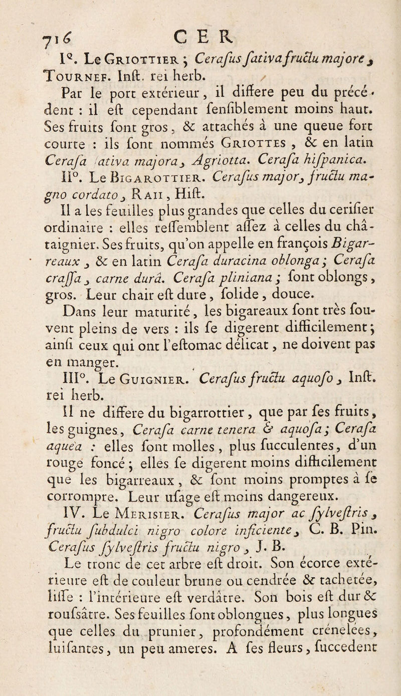 71 £ C E R 1Q. Le Griottier ^ Cerafus fatïva fruciu majore3 Tournef. Inft, rei herb. Par le port extérieur, il différé peu du précé * dent : il eft cependant fenfiblement moins haut. Ses fruits font gros. ôc attachés à une queue fort courte : ils font nommés Griottes , &amp; en latin Cerafa ativa majoraAgriotta. Cerafa hijjpanica. 11°. Le Bigarottier. Cerafus major^ fruciu ma- gno cordatûj R aii , Hift. Il a les feuilles plus grandes que celles du cerifier ordinaire : elles reflemblent allez à celles du châ¬ taignier* Ses fruits, qu’on appelle en françois Bigar- ' reaux ■> Ôc en latin Cerafa duracina oblonga; Cerafa craffa _» carne dura. Cerafa pliniana ; font oblongs , gros. Leur chair eft dure, folide , douce. Dans leur maturité, les bigareaux font très fou- vent pleins de vers : ils fe digèrent difficilement ; ainli ceux qui ont l’eftomac déiicat, ne doivent pas en manger. III0. Le Guignier. Cerafus fruciu aquofo j Inft. rei herb. Il ne différé du bigarrottier, que par fes fruits, les guignes, Cerafa carne tenera &amp; aquofa; Cerafa aquéa : elles font molles , plus fucculentes, d’un rouge foncé } elles fe digèrent moins difficilement que les bigarreaux , ôc font moins promptes à fe corrompre. Leur ufage eft moins dangereux. IV. Le Merisier. Cerafus major ac fylvefris 3 fruciu fubdulcï nïgro colore ïnficiente C. B. Pm. Cerafus fylvefris fruciu nigro J. B. Le tronc de cet arbre eft droit. Son écorce exté¬ rieure eft de couleur brune ou cendrée ôc tachetée, lifte : l’intérieure eft verdâtre. Son bois eft dur ôc roufsâtre. Ses feuilles font oblongues, plus longues que celles du prunier, profondément crénelées, luifantes, un peu ameres. A fes fleurs, fuccedent