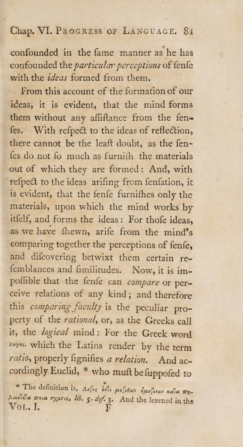 confounded in the fame manner as he has confounded thz particular perceptions of fenfe with the ideas formed from them. From this account of the formation of our ideas, it is evident, that the mind forms them without any affiftance from the fen- fes. With refpeCt to the ideas of reflection, there cannot be the leaft doubt, as the fen- fes do not fo much as furniih the materials out of which they are formed: And, with. refpeCt to the ideas arifing from fenfation, it is evident, that the fenfe furnifhes only the materials, upon which the mind works by itfelf, and forms the ideas : For thofe ideas, * i as we have fhewn, arife from the mind’s comparing together the perceptions of fenfe, and difcovering betwixt them certain re- femblances and fimilitudes. Now, it is im- polhble that the fenie can compare or per¬ ceive relations of any kind; and therefore this comparing faculty is the peculiar pro¬ perty of the rational, or, as the Greeks call it, the logical mind: For the Greek word ***•«&gt; which the Latins render by the term ratio, properly fignifies a relation. And ac¬ cordingly Euclid, * who muft be fuppofed to * Tlle tiel'lnitlon 1S» ifii (ttfita, tfcogus if W* m‘ S' d'f- 3- And die learned in the Vol. I. ' F