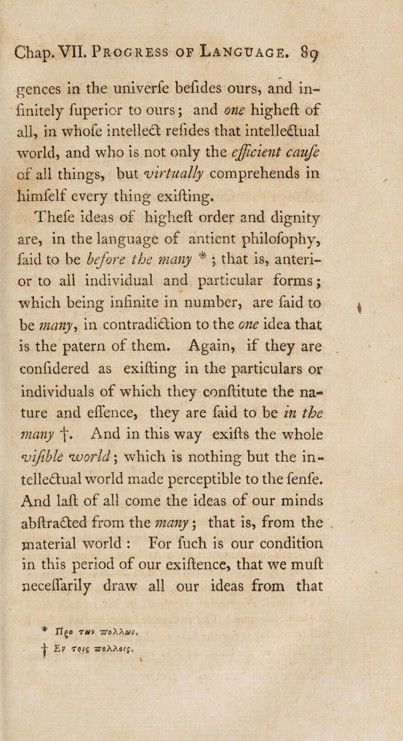 gences in the univerfe befides ours, and in¬ finitely fuperior to ours; and one higheft of all, in whofe intellect refides that intellectual world, and who is not only the efficient caufe of all things, but virtually comprehends in himfelf every thing exifting. Thefe ideas of higheft order and dignity are, in the language of antient philofophy, faid to be before the many * ; that is, anteri¬ or to all individual and particular forms; which being infinite in number, are faid to be many, in contradiction to the one idea that is the patera of them. Again, if they are confidered as exifting in the particulars or individuals of which they conftitute the na¬ ture and effence, they are faid to be in the many And in this way exifts the whole %nfible world; which is nothing but the in« telleCtual world made perceptible to the fenfe. And laft of all come the ideas of our minds abftraCted from the ??iany; that is, from the material world : For fuch is our condition in this period of our exiftence, that we muft neceflarily draw all our ideas from that * IT£0 THV -ZfoXX&amp;Vt t Lv rots