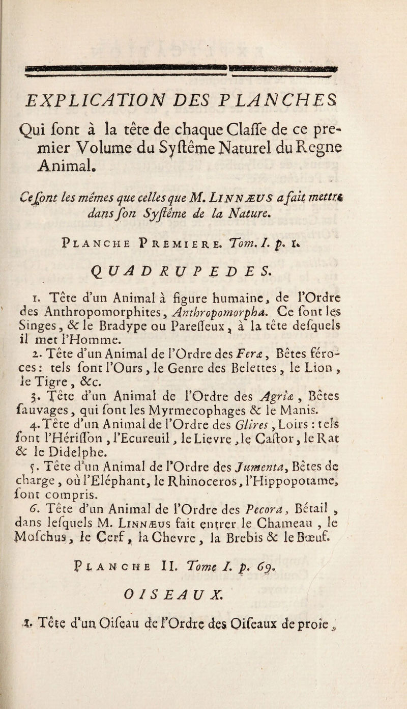 i——J ■■!'■■■■■ ■ ■■IM—W I MU IIBi !■ Il I — ■ ■ - ■- - -j-~ EXPLICATION DES PLANCHES Qui font à la tête de chaque Clafle de ce pre¬ mier Volume du Syftême Naturel du Régné Animal. Ce font les mêmes que celles que M. LlNNÆUS a fait mettra dans fon Syjlême de la Nature. Planche Première. Tom. I. p* î* QUADRUPEDES. 1. Tête d’an Animal à figure humaine * de l’Ordre des Anthropomorphites, Anthropomorphe. Ce font les Singes 5 8c le Bradype ou Parefieux , à la tête defquels il met l’Homme. 2. Tête d’un Animal de l’Ordre des Ferœ, Bêtes féro¬ ces : tels font l’Ours, le Genre des Belettes, le Lion , le Tigre , ÔCc. 3. Tête d’un Animaî de l’Ordre des Agri&amp; , Bêtes fauvages, qui font les Myrmecophages &amp; le Manis. 4«Tcte d’un Animal de l’Ordre des Glires, Loirs : tels font l’Hériflon , l’Ecureuil, le Lievre ,1e Cad or , le Rat 8c le Didelphe. 5. Tête d’un Animal de l’Ordre des J ameuta, Bêtes de charge , où l’Eléphant, le Rhinocéros, l’Hippopotame, font compris. 6. Tête d’un Animal de l’Ordre des Pecora, Bétail , dans lefquels M. Linnæus fait entrer le Chameau , le Mofchus, le Cerf, iaChevre, la Brebis 5c le Bœuf. Planche II. Tome I. p. 6g. OISEAUX,; î. Tête d’un Oifeau de l’Ordre des Oifeaux de proie 9