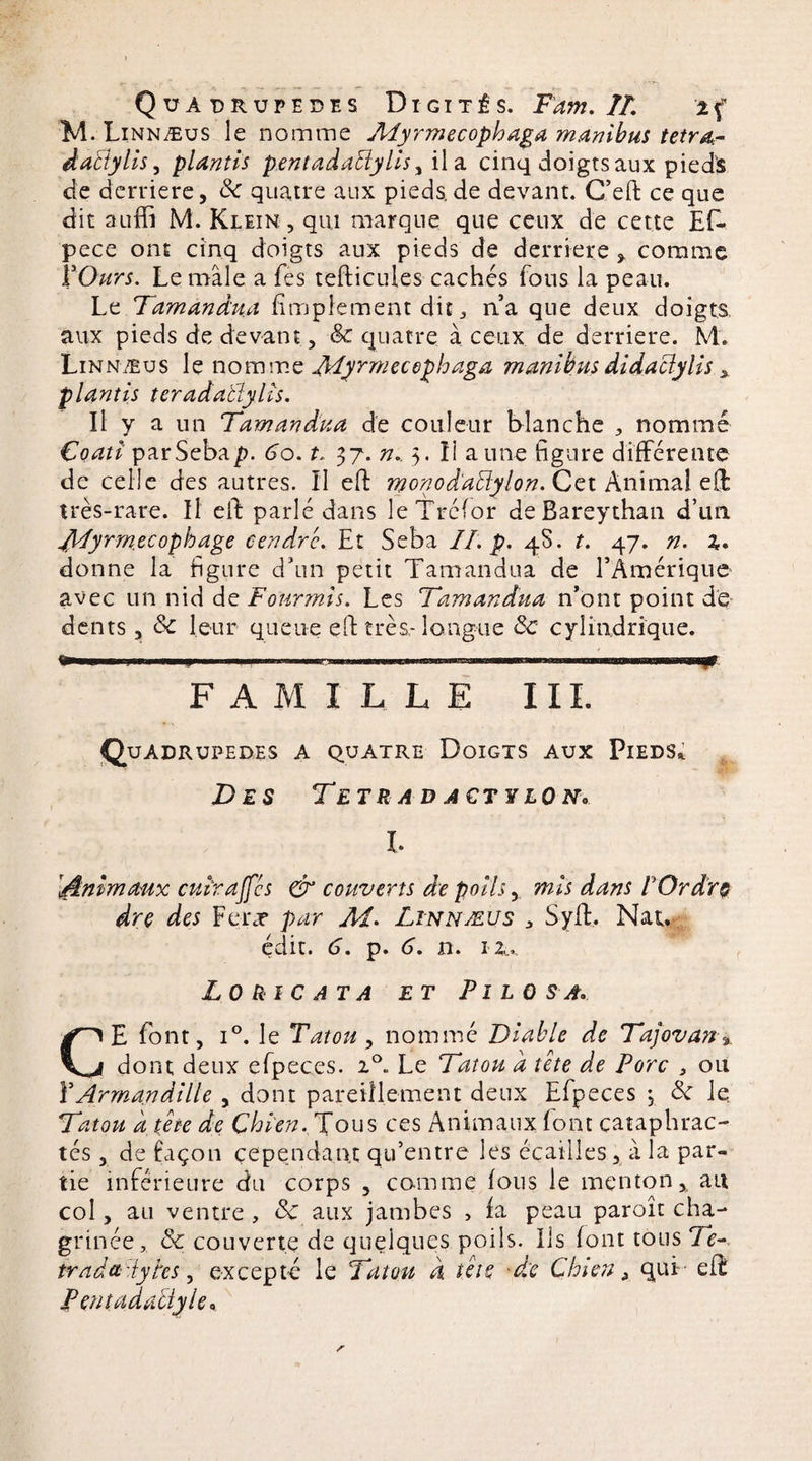 M. Linnæus le nomme Alyrmecophaga minibus tetra*- daêiylis, pUntis p.entadaliylis, il a cinq doigts aux pieds de derrière, & quatre aux pieds.de devant. C’eft ce que dit auffi M. Klein, qui marque que ceux de cette ED pece ont cinq doigts aux pieds de derrière , comme Y Ours. Le mâle a fes teflicuies cachés fous la peau. Le Tamandua Amplement dit, n’a que deux doigts, aux pieds de devant, & quatre à ceux de derrière. M. Linnæus le nomme Hdyrmeceghaga manibus didaclylis * plantés teradatïylis. Il y a un Tamandua de couleur blanche , nommé Coati parSebap. 6b. t. 37. n. 3. îi aune figure différente de celle des autres. Il efi: monod'aêïylon. Cet Animal eft très-rare. Il eft parlé dans leTréfor deBareythan d’un dldyrm.eeophâge cendré. Et Seba II. p. 48. t. 47. n. donne la figure d’un petit Tamandua de l’Amérique avec un nid de Fourmis. Les Tamandua n’ont point de dents, & leur queue efi; très-longue & cylindrique. »MHI1 Jl H .11 ..... I ■■ .ll.— l .1 ■■■■■!■ Il III» .11111 m».. FAMILLE III. Quadrupèdes a quatre Doigts aux Pieds* Des Te tr a d actylo n. I. h&nimaux entraxes & couverts de poilsmis dans IOrdre drç des Fera* par AI. Linnæus , Syft, Nat. édit. 6. p. 6. n. iz>. LORIC ATA ET PI L 0 SA. CE font, i°. le Tatou, nommé Diable de Tajovan-% dont deux efpeces. 20. Le Tatou à tête de Porc } ou Y Armandille , dont pareillement deux Efpeces -5 &r le Tatou a tête de Chien. Tous ces Animaux font cataphrac- tés , de façon cependant qu’entre les écailles , à la par¬ tie inférieure du corps , comme fous le menton, ait col, au ventre , <Sc aux jambes , fa peau paroît cha¬ grinée, Sc couverte de quelques poils. Ils font tous Te¬ tra d al y tes , excepté le Tatou À tête de Chien, qui eft P enta dactyle »
