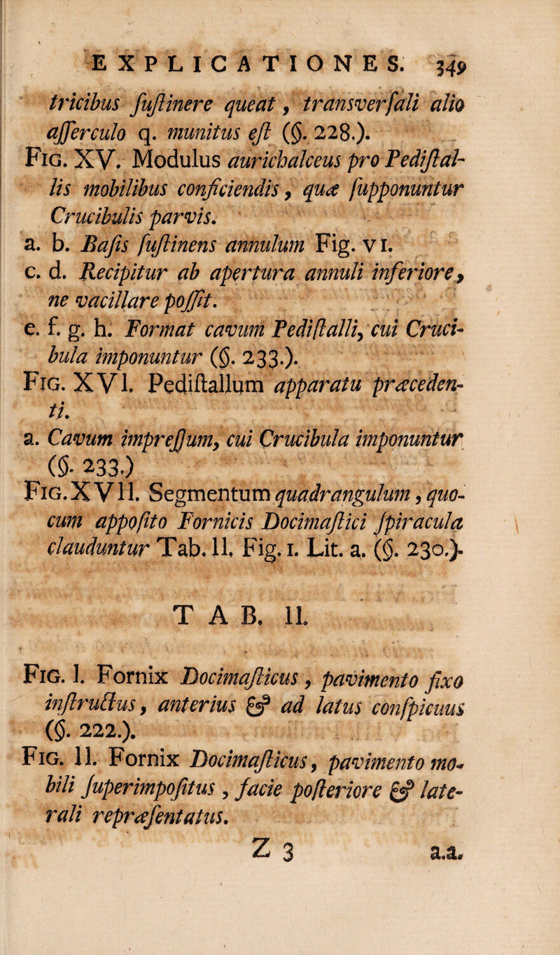 tritibus fujlinere queat, transverfali alio afferculo q. munitus efl (<$. 228.). Fig. XV. Modulus aurichalceus pro Fedijlal¬ iis mobilibus conficiendis, qua fupponuntur Crutibulis parvis. a. b. Bafis fufiinens annutum Fig. vi. c. d. Recipitur ab apertura annuti inferiore> ne vacillare pojfit. e. f. g. h. Format cavum Pedi (lalli, cui Cruci- bula imponuntur (§. 233.). Fig. XVI. Pediftallum apparatu praceden- ti. a. Cavum imprefjum, cui Crucibula imponuntur (§■ 233.) Fig.XVI1. Segmentum quadrangulum, quo- cum appofito Fornicis Dotimajlici fpiracula clauduntur Tab. 11« Fig. 1. Lit. a. (§. 230.). T A B, 11. Fig. 1. Fornix Locimaflicus, pavimento fixo inflruttus, anterius & ad latus confpicuus (§. 222.). Fig. 11. Fornix Docimafiicus, pavimento mo¬ bili Juperimpofitus, facie pofteriore & late¬ rali reprafentatus. Z 3 a,a.