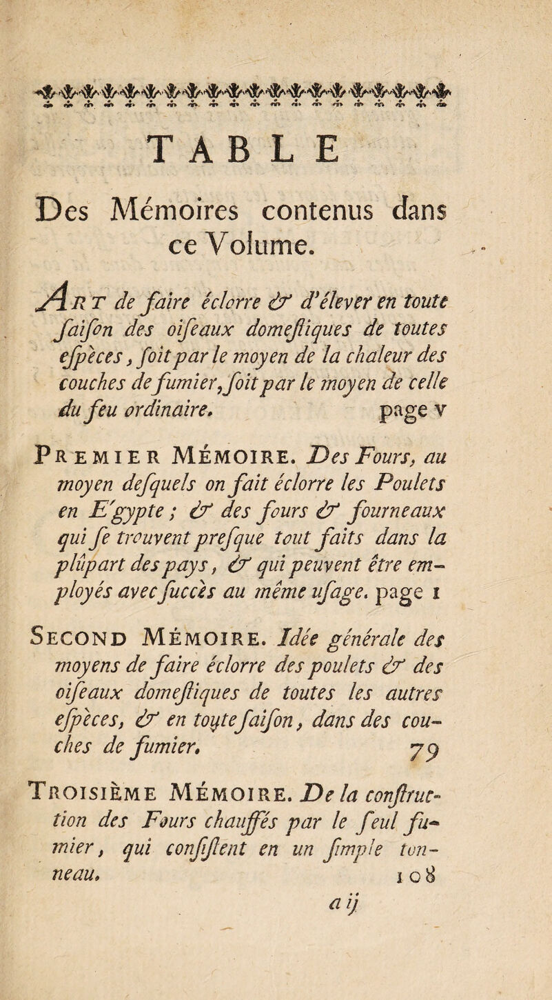 nr> «n *w* «* of» «* m* «» TABLE *r» /y* #*> *n* Des Mémoires contenus dans ce Volume. An T de faire éclorre & d'élever en toute faifon des oifeaux domefiques de toutes efpeces, [oitpar le moyen de la chaleur des couches defumier,[oitpar le moyen de celle du feu ordinaire. page v Premier Mémoire. Des Fours, au moyen defquels on fait éclorre les Poulets en E'gypte ; & des fours & fourneaux qui fe trouvent prefque tout faits dans la, plupart des pays, Ù1 qui peuvent être em¬ ployés avecfucùs au même ufage. page i Second Mémoire. Idée générale des moyens de faire éclorre des poulets & des oifeaux domefiques de toutes les autres efpeces, & en toytefaifon, dans des cou¬ ches de fumier, Troisième Mémoire. Delà confrue- tion des Fours chauffés par le f eul fu~ mier, qui conffent en un fimple ton¬ neau» i o 8 a ij