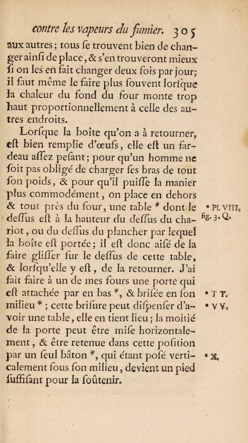 aux autres ; tous fe trouvent bien de chan¬ ger ainfi de place, & s’en trouveront mieux fi on les en fait changer deux fois par jour; il faut même ie faire plus fouvent lorlque la chaleur du fond du four monte trop baut proportionnellement à celle des au¬ tres endroits. Lorfque la boîte qu’on a à retourner, eft bien remplie d’œufs, elle eft un far¬ deau affez pefant ; pour qu’un homme ne foit pas oblige' de charger fes bras de tout ion poids, & pour qu’il puifle la manier plus commode'ment, on place en dehors & tout près du four, une table * dont le deffus eft à la hauteur du deffus du cha¬ riot , ou du deffus du plancher par lequel la boîte eft portée ; il eft donc aifé de fa faire giiffer fur le deffus de cette table, Sl lorfqu’elie y eft, de la retourner. J’ai fait fiire à un de mes fours une porte qui eft attachée par en bas *, & brifée en fon milieu * ; cette brifure peut difpenfèr d’a¬ voir une table, elle en tient lieu ; la moitié de la porte peut être mile horizontale¬ ment , & être retenue dans cette polition par un feul bâton *, qui étant pofé verti¬ calement fous fon milieu, devient un pied fuffifant pour la foûtenir» ) * PL VTIÏ» % ♦ T T, ♦ VV,