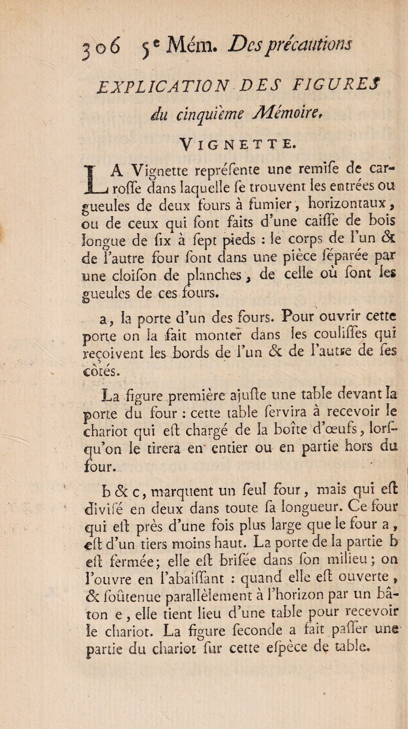 EXPLICATION DES FIGURES du cinquième Mémoire* Vignette. LA Vignette repréfente une remifè de car¬ relle dans laquelle fe trouvent les entrées ou gueules de deux fours à fumier, horizontaux , ou de ceux qui font faits d’une caille de bois longue de fix à fept pieds : le corps de 1 un ôz de l’autre four font dans une pièce féparée par une cloifbn de planches , de celle où font les gueules de ces fours. a, la porte d’un des fours. Pour ouvrir cette porte on la fait monter dans les coulilTes qui reçoivent les bords de l’un <5c de 1 autse de ies côtés. La figure première ajufte une table devant îa porte du four : cette table fervira à recevoir le chariot qui eft chargé de la boîte d œufs, lorfi* qu’on le tirera en entier ou en partie hors du four. b & c, marquent un feuî four, mais qui efi divifé en deux dans toute fa longueur. Ce four qui eft près d’une fois plus large que le four a , elt d’un tiers moins haut. La porte de la partie b efi fermée; elle efi brifée dans fon milieu; on l’ouvre en l’abailfant : quand elle efi ouverte , <3c fou tenue parallèlement a l’horizon par un bâ¬ ton e, elle tient lieu d’une table pour recevoir le chariot. La figure fécondé a lait palier une partie du chariot fur cette elpèce de table»