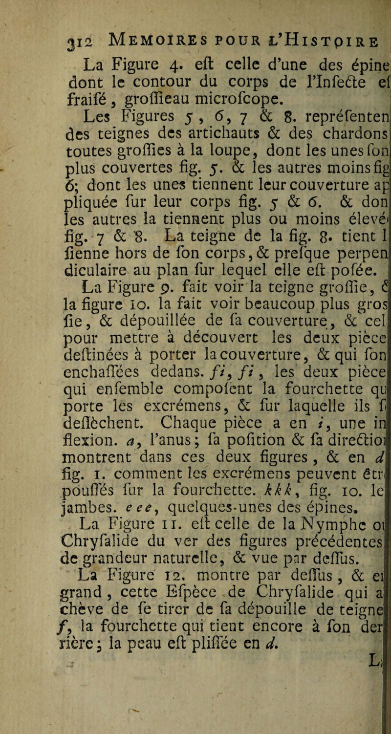 La Figure 4. eft celle d’une des épine dont le contour du corps de l’Infe&amp;e ef fraifé, groffieau microfcope. Les Figures 5 , 6, 7 &amp; g. repréfenten des teignes des artichauts &amp; des chardons toutes groffies à la loupe, dont les unes Ton plus couvertes fig. 5. &amp; les autres moins fig 6; dont les unes tiennent leur couverture ap pliquée fur leur corps fig. 5 &amp; 6. &amp; don les autres la tiennent plus ou moins élevé* fig. 7 &amp; '8. La teigne de la fig. 8- tient 1 fienne hors de fon corps, &amp; prefque perpen diculaire au plan fur lequel elle eft pofée. La Figure 9. fait voir la teigne groffie, é la figure lo. la fait voir beaucoup plus gros lie, &amp; dépouillée de fa couverture, d^cel pour mettre à découvert les deux pièce deftinées à porter la couverture, &amp; qui fon! enchaflees dedans, fi, fi, les deux pièce; qui enfemble compolent la fourchette qu porte les excrémens, &amp; fur laquelle ils f deflèchent. Chaque pièce a en une in! flexion, a, l’anus; fa pofition &amp; fa diredtioi montrent dans ces deux figures, &amp; en d fig. 1. comment les excrémens peuvent ôtr* pouffes fur la fourchette, kkk, fig. 10. le jambes, eee, quelques-unes des épines. La Figure n. eft celle de la Nymphe 01 Chryfalide du ver des figures précédentes de grandeur naturelle, &amp; vue par deffus. La Figure 12, montre par deffus, &amp; ei grand , cette Efpèce de Chryfalide qui a chève de fe tirer de fa dépouille de teigne /, la fourchette qui tient encore à fon der rière ; la peau eft pliffée en d. L,