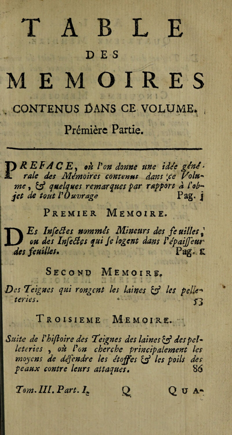 TABLE DES MEMOIRES » [/ 8 CONTENUS DANS CE VOLUME. , Première Partie. PREFACE, «5 /’o# donne une idée gène * raie des Mémoires contenus dans [ce l^oln* me, & quelques remarques par rapport a !ob~ jet de tout VOuvrage Pag- j Premier Mémoire. DJEs Infefies nommés Mineurs des fe utiles ^ ou des Infetfçs qui Je logent dans l'épaijfeur des feuilles. Pag, £ Second Mémoire Des Teignes qui rongent les laines if les pelle* ter tes, * Troisième Mémoire. Suite de Ihi/loire des Teignes des laines if des pel¬ leteries , où l'on cherche principalement les moyens de défendre les étoffes if les poils des peaux contre leurs attaques, 86 ■Q. To m. III, Part. T CT Q U A«