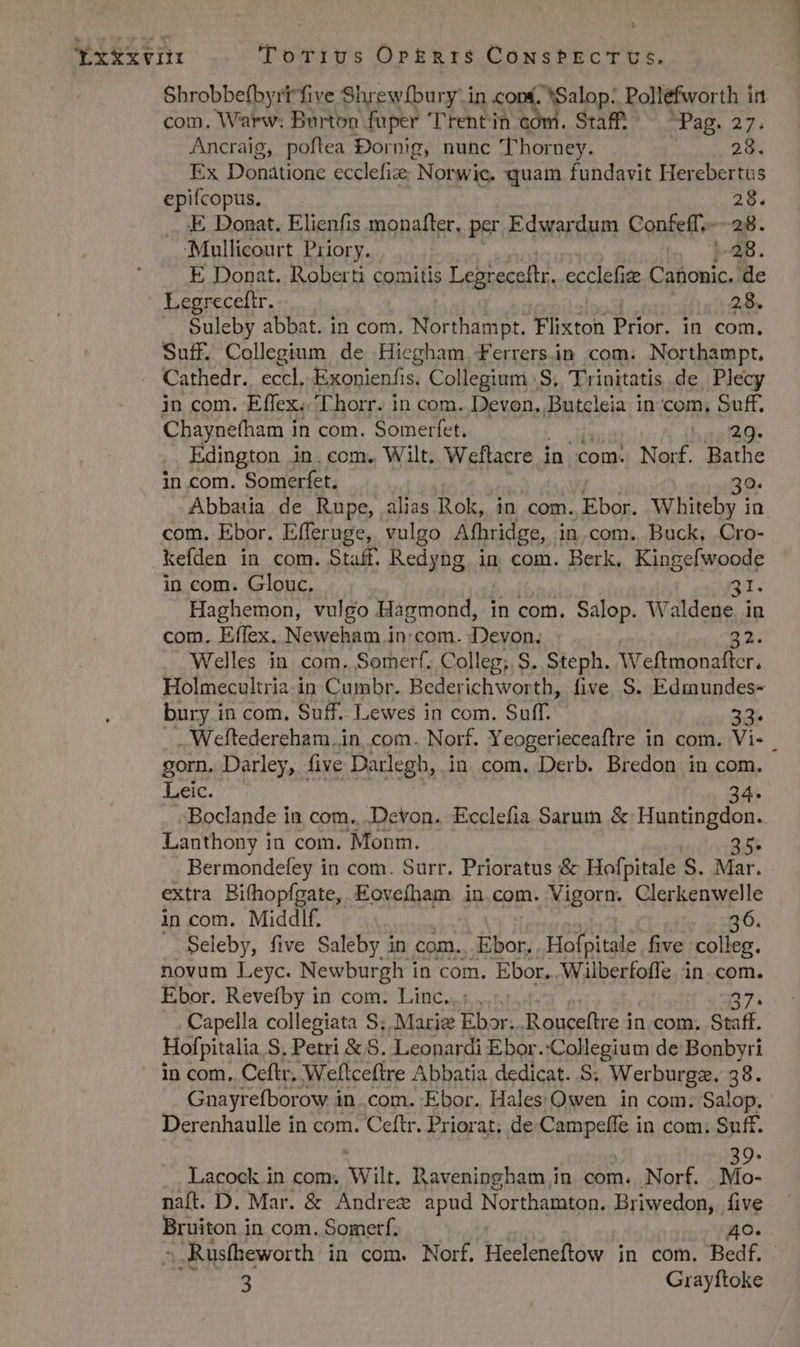 H YxSEvi 'lToTivs OprkERIS CoNsbPECTUSs. Shrobbefbyrtfive Shr ewfbury.i in CODA. *Salop: Pollefworth i i com. Warw:. Burton fuper Trentin com. Staf? ^ — Pag. 27. Ancraig, poftea Dornig, nunc 'T'horney. 28. Ex Donationc ecclefie Norwic. quam fundavit Herebertus epifcopus. 28. E Donat. Elienfis monafter, per Edwardum Confeff.-- 28. Mullicourt Priory. j-28. E Donat. Roberti comitis Lebiecellz. ecclefize Cahonic. de Legreceftr. 28. Suleby abbat. in com. Northampt. Pokroh Prior. in com. Suff. Collegium de Hiegham , Ferrers in com. Northampt, Cathedr., eccl, Exonienfis. Collegium |S. Trinitatis de. Plecy in com. Effex..'Ehorr. in com. Devon. Butcleia incom, Suff. Chaynefham in com. Somerfet. 29. Edington in.com. Wilt. Weflacre i in com. Norf. Bathe in com. Somerfet. 3o. Abbatia de Rupe, alias Rok, in com. Ebor. Whiteby in com. Ebor. Efferuge, vulgo Afhridge, in.com. Buck. Cro- kefden in com. Staff. Redyng in com. Berk. Kingefwoode in com. Glouc. 31. Haghemon, vulgo Hagmond, in com. Salop. Waldene in com. Effex. Neweham in:com. Devon. 82. Welles in com. Somerf. Colleg; S. Steph. Y Weftmonaflcr. Holmecultria.in Cumbr. Bederichworth, five. S. Edmundes- bury in com. Suff. Lewes in com. Suff. 33- . Weftedereham, in, com. Norf. Yeogerieceaftre in com. Vi- gorn. Darley, five Darlegh, in com. Derb. Bredon in com. Leic. 34- Boclande in com. Devon. Ecclefia Sarum &amp; Huntingdon. Lanthony in com. Monm. 35: Bermondefey in com. Surr. Prioratus &amp; Hofpitale S. Mar. extra Bifhopígate, Eovefham incom. Vigorn. Clerkenwelle in com. Middif. 36. Seleby, five Saleby in com. Ebor. Hofpitale five colleg. novum Leyc. Newburgh i in com, Ebor... Wilberfoffe in com. Ebor. Revefby in com. Linc..: 27. . Capella collegiata S; Maris Ebor. Rouceftre in. com. Staff. Hofpitalia S. Petri &amp; 8. Leonardi Ebor.:Collegium de Bonbyri — in com. Ceftr, .Weflceftre Abbatia. dedicat. .S; Werburgz. 38. Gnayrefborow i in.com. Ebor. Hales/Owen in com. Salop. Derenhaulle in com. Ceftr. Priorat. de Cranes in com. Suff. Lacock in com. Wwilt. haveningham in com.. Norf. Mo- naft. D. Mar. &amp; Andrez apud Northamton. Briwedon, five Bruiton.j in com. Somerf. 40. Rusfheworth in com. Norf. Heeleneftow in com. Bedf.