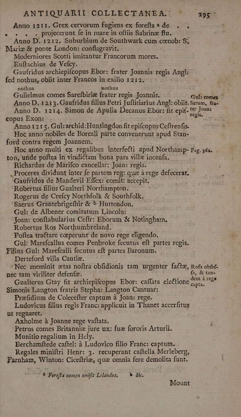 Anno 1211. Grex cervorum fugiens ex forefta 2 de... , e. . e projecerunt fe in mare in oftiis Sabrinz flu. Anno D. 1212. Suburbium de Southwark cum coenob: S; : Mariz &amp; ponte London: conflagravit. Moderniores Scotti imitantur Francorum mores. Euftachius de Vefcy. Gaufridus archiepifcopus Ebor: frater Joannis regis M fed nothus, obiit inter Francos i in exilio 1212. nothus nothus Gulielmus comes Sarefbirie frater regis Joannis. Gif violis: * Anno D. 1213. Gaufridus filius Petri Juftitiarius Angl: obiit. Sarum, fra- Anno D. 1214. Simon de Apulia Decanus Ebor: fit epif- *&amp;* Jo22: copus Exon: ra Anno 121 5$. Gul:archid:Huntingdon fit epifcopus Ceftren fis. Hoc anno nobiles de Boreali parte convenerunt apud Stan- ford contra regem Joannem. | Hoc anno multi ex regalibus interfecti apud Northamp- Pag 361. ton, unde poftea in vindictam bona pars ville incenfa. Richardus de Marifco cancellar: Joan: regis. . Proceres dividunt inter fe partem reg: que a rege defecerat. |  Gaufridus de Mandevil Effex: comit: accepit. Robertus filius Gualteri Northampton. Rogerus de Crefcy Northfolk &amp; Southfolk. 'Saerus Grantebrigefhir &amp; 5 Huttendon. Gul: de Albener comitatum Lincoln: joan: conftabularius Ceftr: Eborum &amp; Notingham. Robertus Ros Northumbreland. Poftea tractare coeperunt de novo rege eligendo. Gul: Marefcallus comes Penbroke fecutus eft partes regis. Filius Gul: Marefcalli fecutus eft partes Baronum. Derteford villa Cantiz. Nec meminit ztas noftra obfidionis tam urgenter factz, Rofs obfef- nec tam viriliter defenfze. fa, &amp; tan- Gualterus Gtay fit archiepifcopus Ebor: caffata electione Nds don Simonis Langton fratris Stepha: Langton Cantuar: Prefidium de Colecefter captum à Joan: rege. Ludovicus filius regis Franc: applicuit in T'hanet accerfitus ut regnaret. Axholme à Joanne rege vaftata, Petrus comes Britanniz jure ux: fuz fororis Arturii. Munitio regalium in Hely. Berchamftede caftel: à Ludovico filio Franc: captum. Regales miniftri Henr: 3. recuperant caftella Merleberg, Farnham, Winton: Ciceftriz, quz omnia fere demolita funt. d Ferte nomen omifit Lelandus, — * Sic. Mount