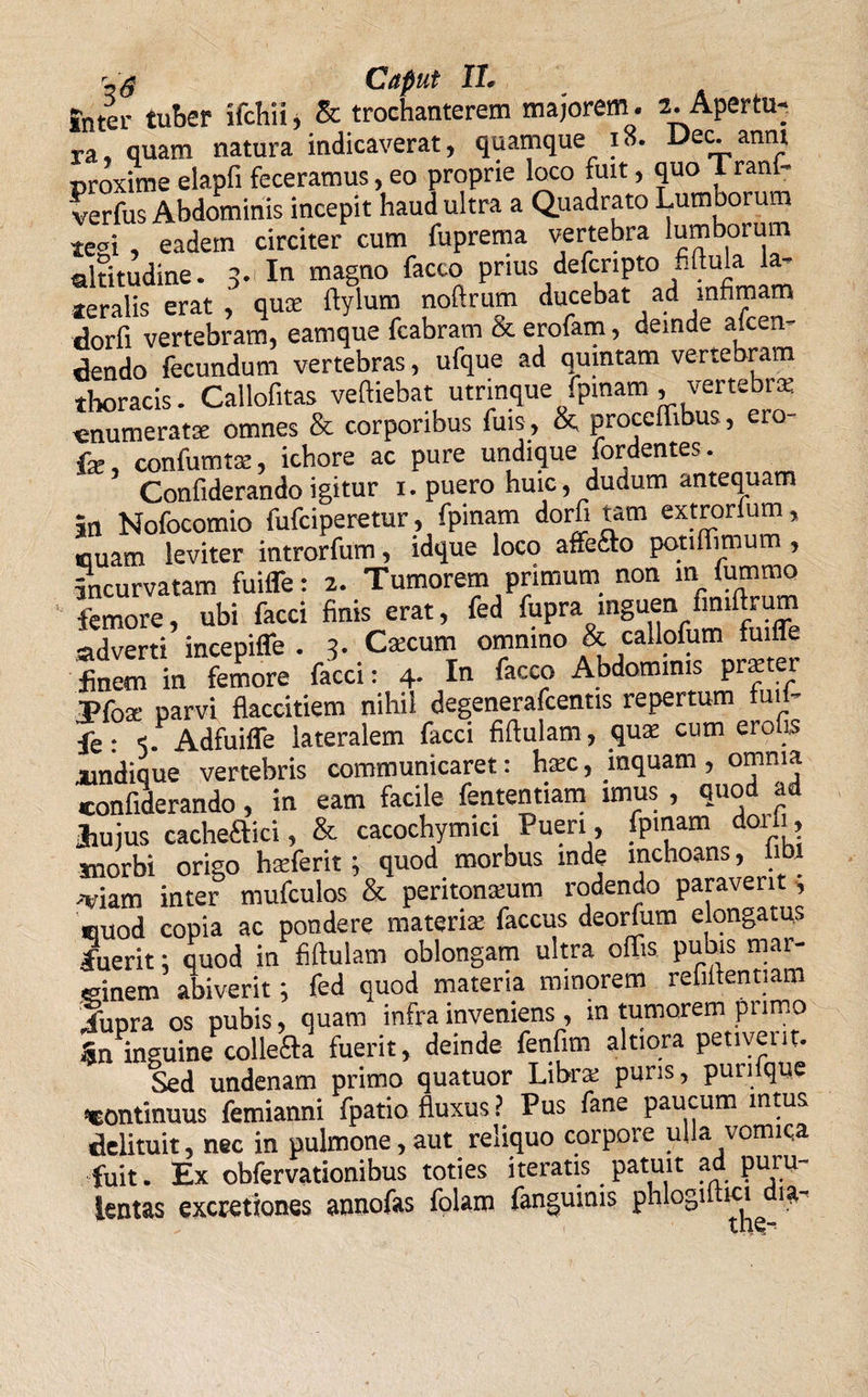 Inter tuber ifchii, Bc trochanterem majorem • 2. Apertu¬ ra, quam natura indicaverat, quamque 18. Dec-amu proxime elapfi feceramus, eo proprie loco fuit, quo Trani- verfus Abdominis incepit haud ultra a Quadrato Lumborum te°i, eadem circiter cum fuprema vertebra lumborum altitudine. 3. In magno facco prius defcnpto .mula la¬ teralis erat, qu® ftylum noftrum ducebat ad infimam dorii vertebram, eamque fcabram &amp; erofam, deinde alcen- dendo fecundum vertebras, ufque ad quintam vertebram thoracis. Callofitas veftiebat utrinque fpinam , vertebra; enumerat® omnes &amp; corporibus fuis, &amp; proceffibus, ero- fe, confumt®, icbore ac pure undique fordentes. Confiderando igitur 1. puero huic, dudum antequam in Nofocomio fufciperetur, fpinam dorfi tam extrorium, nuam leviter introrfum, idque loco affe&amp;o potiffimum , incurvatam fuiffe: 2. Tumorem primum non in lummo femore, ubi facci finis erat, fed fupra inguen fimftrum adverti incepiffe . 3. Cacum omnino &amp; callofum fuiffe finem in femore facci: 4. In facco Abdominis prater JPfoa parvi flaccitiem nihil degenerafcentis repertum fuif- fe: Adfuiflfe lateralem facci fiftulam, quas cum erotis jundique vertebris communicaret: hasc, inquam , omnia confiderando, in eam facile fententiam imus , quod a Jhujus cacheftici, &amp; cacochymici Pueri, fpinam dorii, snorbi origo haferit; quod morbus mde inchoans, imi .-viam inter mufculos &amp; peritonaum rodendo paraverit, *uod copia ac pondere materia faccus deorfum elongatus fuerit; quod in fiftulam oblongam ultra offis pubis mar- &lt;sinem abiverit; fed quod materia minorem retinentiam 4upra os pubis, quam infra inveniens, in tumorem primo §n inguine collega fuerit, deinde fenfim altiora petiverit. Sed undenam primo quatuor Libra: puris, puriique continuus femianni fpatio fluxus ? Pus fane paucum mtus delituit, nec in pulmone, aut reliquo corpore ulla vomica fuit. Ex obfervationibus toties iteratis patuit ad puru¬ lentas excretiones annofas folam fanguinis phlogiitici ia-