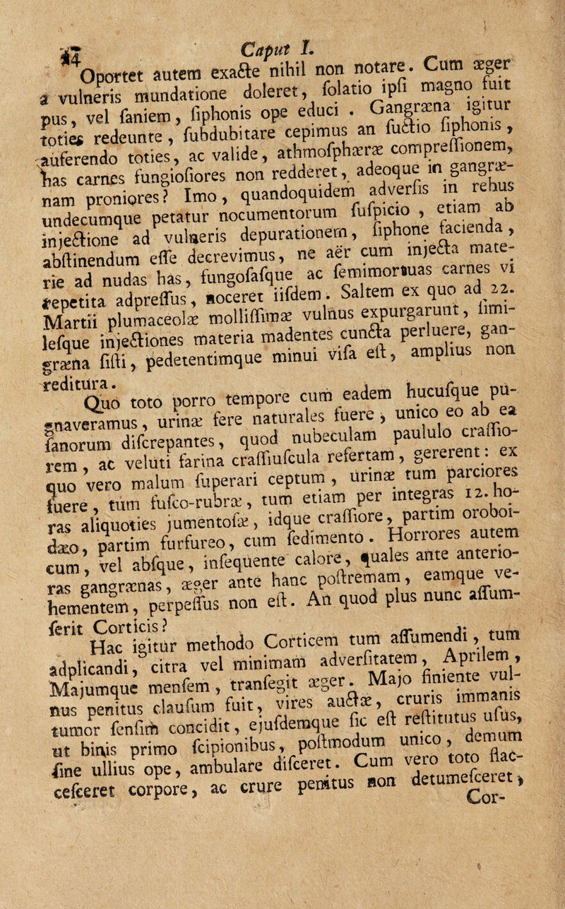 Oportet autem exafte nihil non notare. Cum aeger a vulneris mundatione doleret, folat.o ipfi^ magno^ m pus, vel famem, liphoms ope educi . Gangrana &gt;' r toties redeunte , fubdubitare cepimus an fu£ho liphoms, -aufeTendo toties’, ac valide, athmofphzr* -mpreffionem, lias carnes fungiofiores non redderet,. a* r*hus nam proniores? Imo, quandoquidem adwrfis «r reirus undecumque petatur nocumentorum fufpicio , etiam ab inie£lioneq ad vulseris depurationem, fiplione faci.ui , abftinendum effe decrevimus, ne aer cum mjetta ni S ad nudas has, fungofafque ac fem.mor.uas carnes vi «eDetita adpreffus, noceret iifdem. Saltem ex quo ad 22. Martii plumaceol* molliflimae vulnus expurgarunt, imi- lefque injeSiones materia madentes cunja perlue e gan grana fifti, pedetentimque minui vifa eft, amplius reditOu; toto porro tempore cum eadem hucufque pu- .navewmus, urina; fere naturales tuere , unico eo ab ea Fanorum difcrepantes, quod nubecrilam pau u o cu 10 rem ac veluti farina craffiufcula refertam , &amp;ererent. x quo Vero malum fuperari ceptum , urina; tum parciores fuere tum tufco-rubra, tum etiam per integras 12. ho¬ rasaliquoties jumentofc&gt; idque cratliore part.m oroboi- dro Dartim furfureo, cum fedimento. Honores autem cum’ veUbfque, infequente calore, ,uales ante anteno- ras nan^ranas aVer ante hanc poftremam, eamque ve¬ hementem, perpetius non eft. An quod plus nunc affum- ferlt HacVgitur methodo Corticem tum affumendi, tum vel minimam Majumque menfem, ve1'';''J nus penitus cUufum fuit, vires «.u - &gt; ruiturus ufus, tumor fcnfith concidit, ejufdemque tic eft reftitutus ulus^ ut birvis primo fcipionibus, pol.modum u , Une ullius ope, ambulare difeeret. Cum vero toto flac- cefceret corpore, ac crure pemtus non detumek^et&gt;