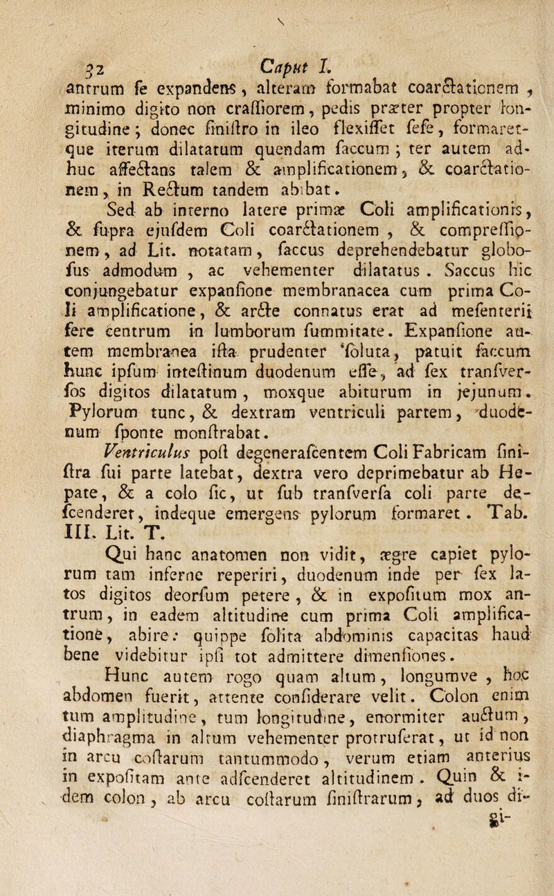 antrum fe expandens, alteram formabat coarctationem , minimo digito non crafliorem, pedis pra?tcr propter lon¬ gitudine ; donec finiftro in ileo flexiffet fefe, formaret- que iterum dilatarum quendam faecum ; ter autem ad¬ huc affedtans talem &amp; amplificationem , &amp; coarctatio¬ nem , in Re£fum tandem abibat. Sed ab interno latere prima? Coli amplificationis, &amp; fupra ejnfdem Coli coarctationem , &amp; compreffio- nem, ad Lit. notatam, faccus deprehendebatur globo- fus admodum , ac vehementer dilatatus . Saccus hic conjungebatur expanfione membranacea cum prima Co¬ li amplificatione, &amp; arChe connatus erat ad mefenterii fere Centrum in lumborum fummitate. Expanfione au¬ tem membranea ifta prudenter ‘foluta, patuit faecum hunc ipfum intedinum duodenum effe, ad fex tranfver- fos digitos dilatatum, moxque abiturum in jejunum. Pylorum tunc, &amp; dextram ventriculi partem, 'duodfc- num fponte mondrabat. Ventriculus pod degenerafeentem Coli Fabricam fini- flra fui parte latebat, dextra vero deprimebatur ab He¬ pate, &amp; a colo fic, ut fub tranfverfa coli parte de- fcenderet, indeque emergens pylorum formaret. Tab. III. Lit. T. Qui hanc anatomen non vidit, trgre capiet pylo¬ rum tam inferne reperiri, duodenum inde per fex la¬ tos digitos deorfum petere , &amp; in expofitum mox an¬ trum, in eadem altitudine cum prima Coli amplifica¬ tione, abire.* quippe folita abdominis capacitas haud bene videbitur ipfi tot admittere dimeniiones. Hunc autem rogo quam altum, longumve , ho.c abdomen fuerit, attente confiderare velit. Colon enim tum amplitudine, tum longitudine, enormiter au&amp;um , diaphragma in altum vehementer protruferat, ut id non in arcu codarum tantummodo, verum etiam anterius in expofitam ante adfcenderet altitudinem . Quin &amp; r- ■dem colon, ab arcu codarum finidrarum, ad duos di»