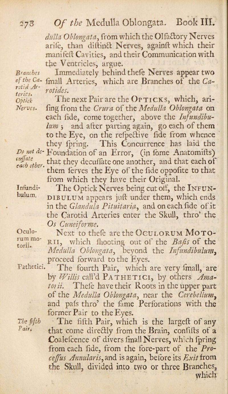 rotid Ay terzcs. Op tick Nerves. 273 Of the Medulla Oblongata. Book III. dullct Oblongata, from which the Olfactory Nerves arife, than diftinft Nerves, againft which their manifeft Cavities, and their Communication with the Ventricles, argue. Branches Immediately behind thefe Nerves appear two €ffhf cftm fmall Arteries, which are Branches of the Ca- rotides. The next Pair are the Op ticks, which, ari- fing from the Crura of the Medulla Oblongata on each fide, come together, above the Infundibu¬ lum 3 and after parting again, go each of them to the Eye, on the refpeflive fide from whence they fpring. This Concurrence has laid the no not de- Foundation of an Error, (in fome Anatomifts) ‘each other they decufiate one another, and that each of * them ferves the Eye of the fide oppofite to that from which they have their Original The Optick Nerves being cut off, the Infun¬ dibulum appears juft under them, which ends in the Glandula Pituitaria, and on each fide of it the Carotid Arteries enter the Skull, thro’ the Os Cuneiforme. Next to thefe are the Oculorum Moto- toriim°~ RII> which Hooting out of the Bafts of the Medulla Oblongata, beyond the Infundibulum, proceed forward to the Eyes. Pathetici. The fourth Pair, which are very imall, are by Willis call’d Pathetici, by others Ama- torii. Thefe have their Roots in the upper part of the Medulla Oblongata, near the Cerebellum, and pafs thro’ the fame Perforations with the former Pair to the Eyes. ^ The fifth Pair, which is the largeft of any that come dire&ly from the Brain, confills of a Coalefcence of divers fmall Nerves, which fpring from each fide, from the fore-part of the Pro- eeftfus Annularis^ and is again, before its Exit from the Skull divided into two or three Branches, - 1 which Infundi¬ bulum. Oculo- The fifth Vatu